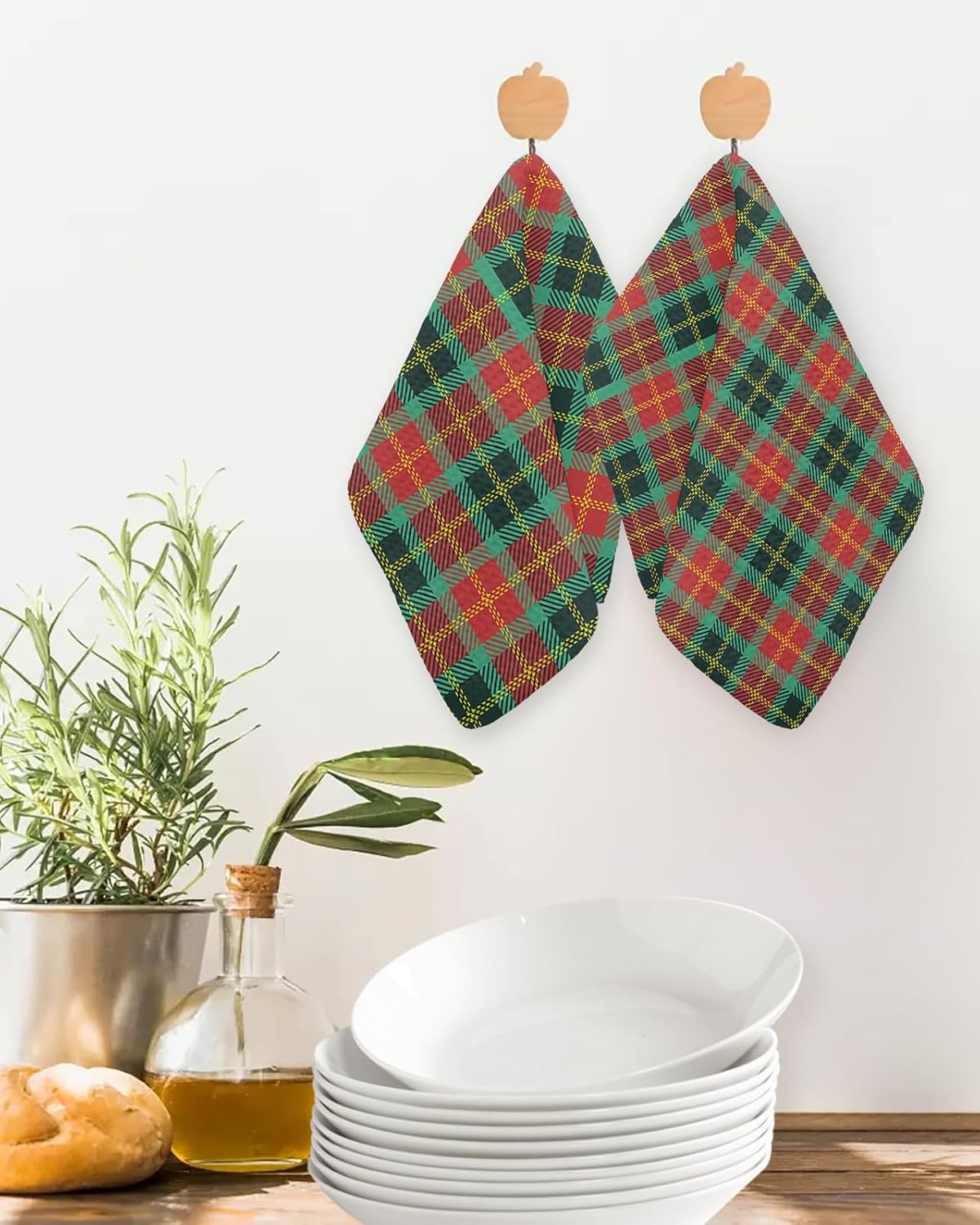 Falaniique Waffle Plaid Dish Towels Set of 3 Red Green