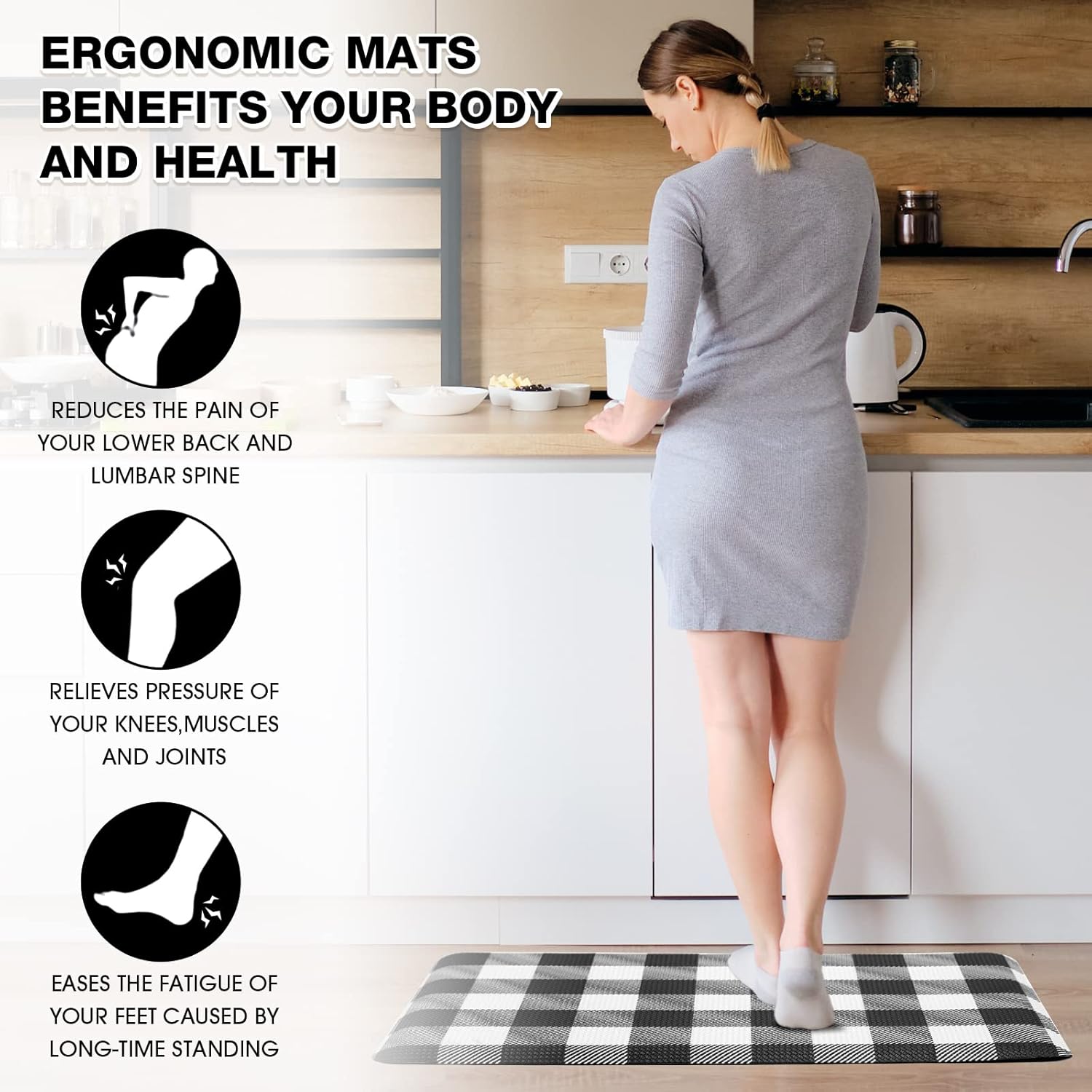 MAYHMYO Anti Fatigue Kitchen Mat 173x28 Black White Buffalo Plaid