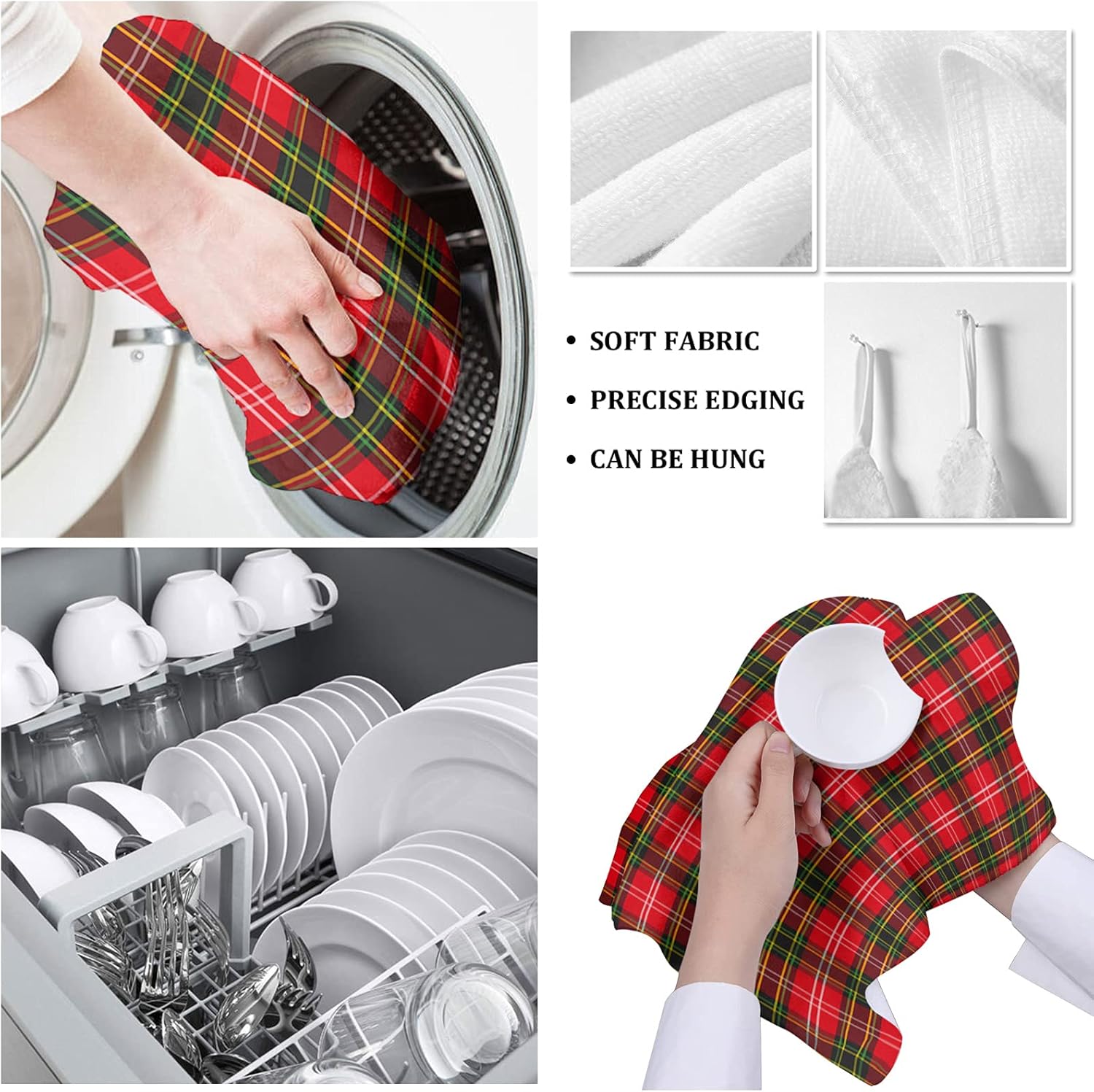 Beisseid Christmas Kitchen Towels Red Green Buffalo Plaid Soft Fingertip Hand Towels Set