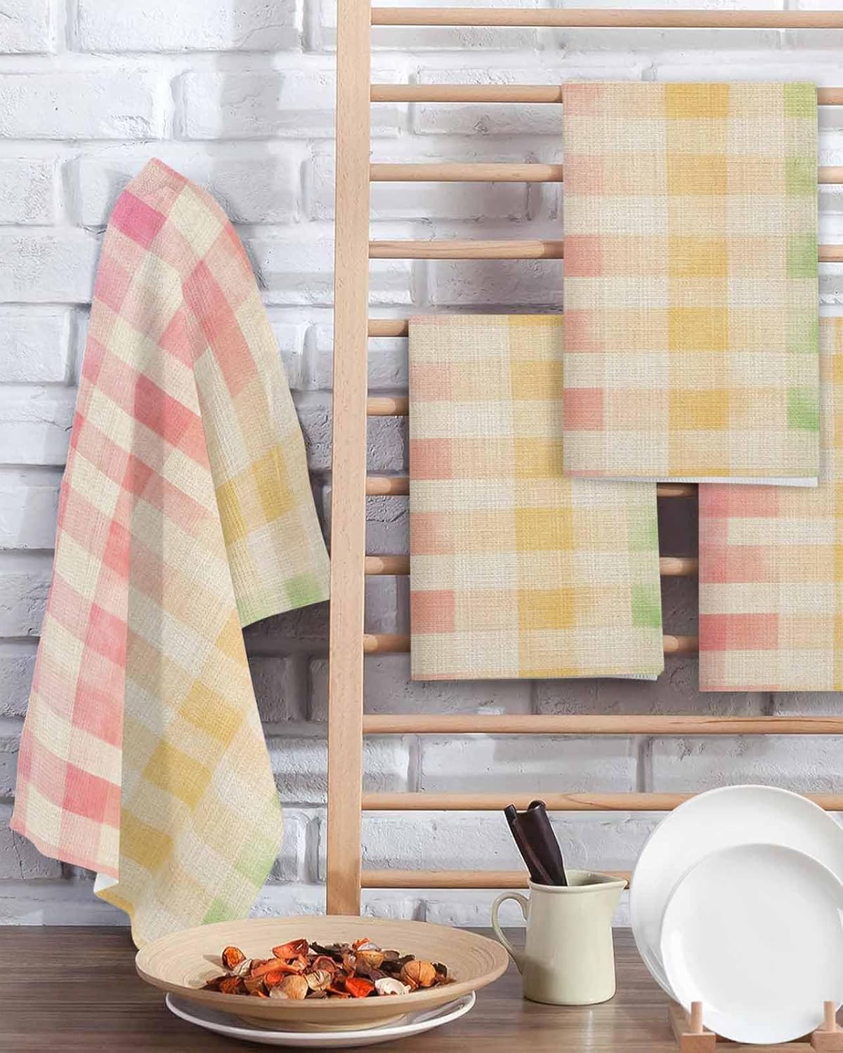 Purple Pink Plaid Waffle Kitchen Hand Towels Set of 2