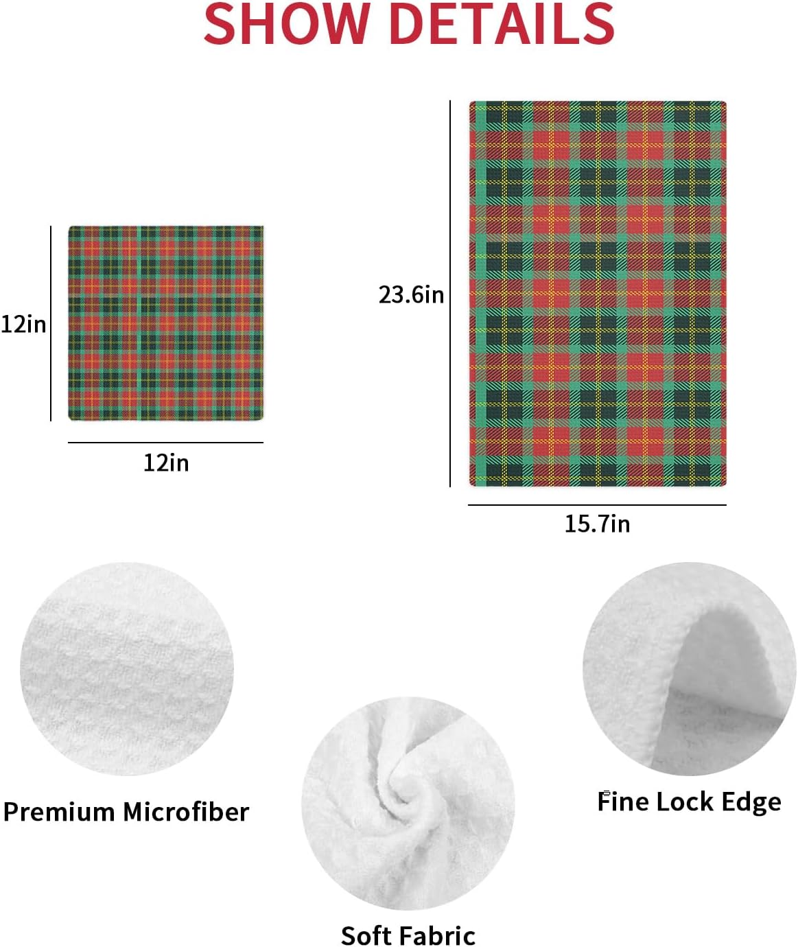 Falaniique Waffle Plaid Dish Towels Set of 3 Red Green