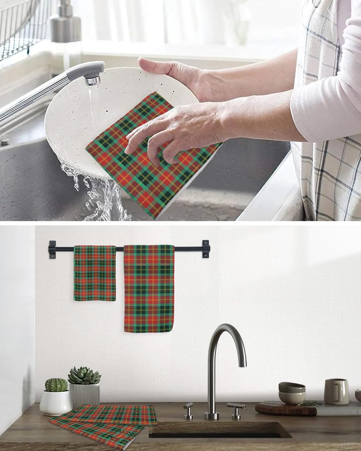 Falaniique Waffle Plaid Dish Towels Set of 3 Red Green