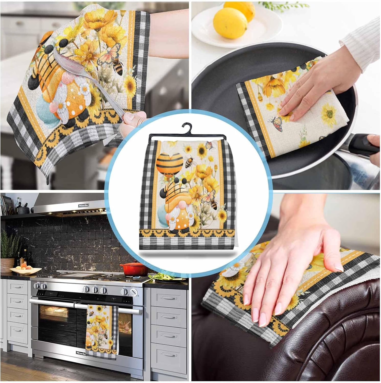 ZOE GARDEN Sunflower Eucalyptus Buffalo Plaid Kitchen Towels 4-PC 18x28