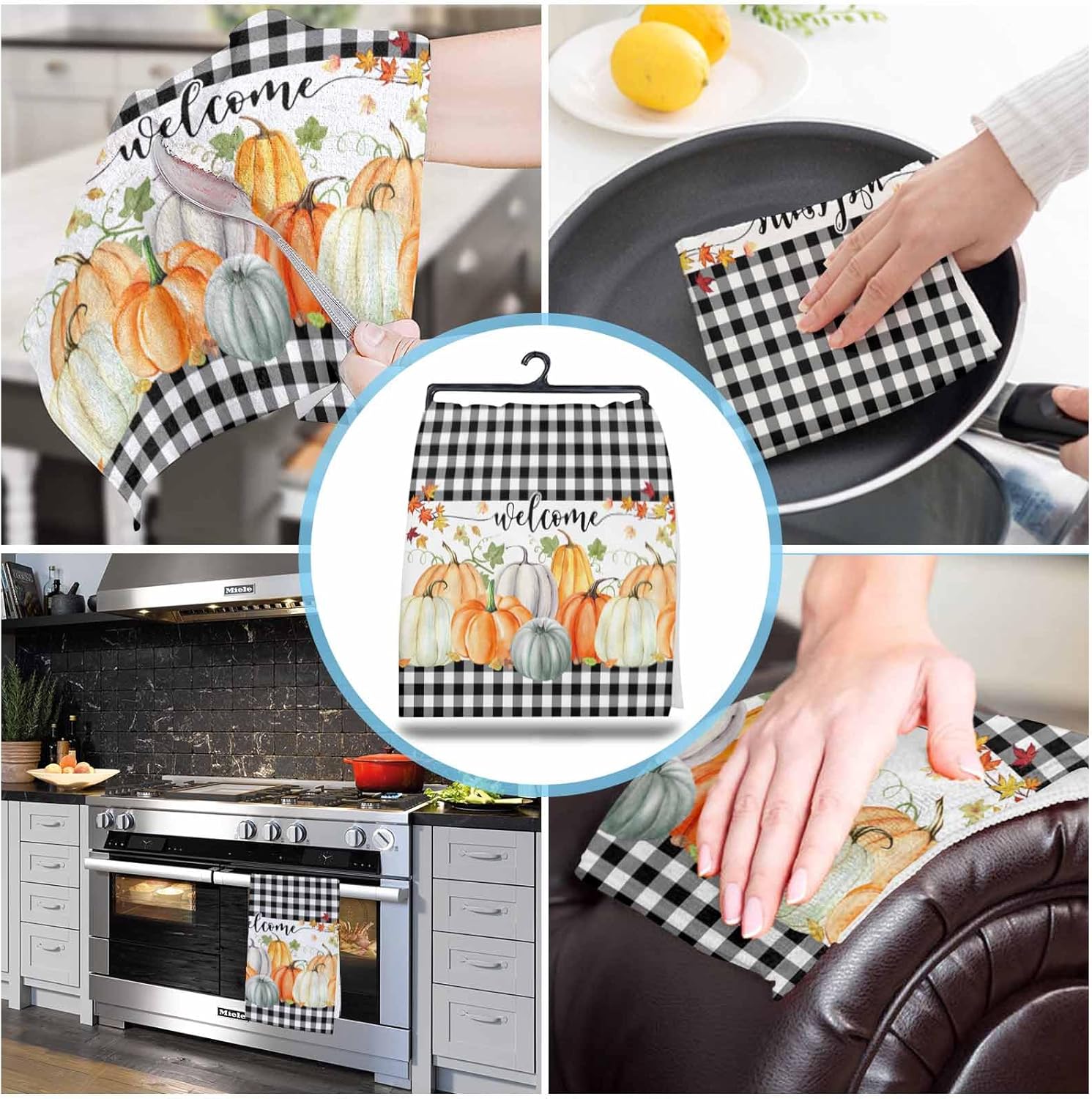 ZOE GARDEN pumpkin plaid kitchen towel 18x28 inches Black Plaid Design