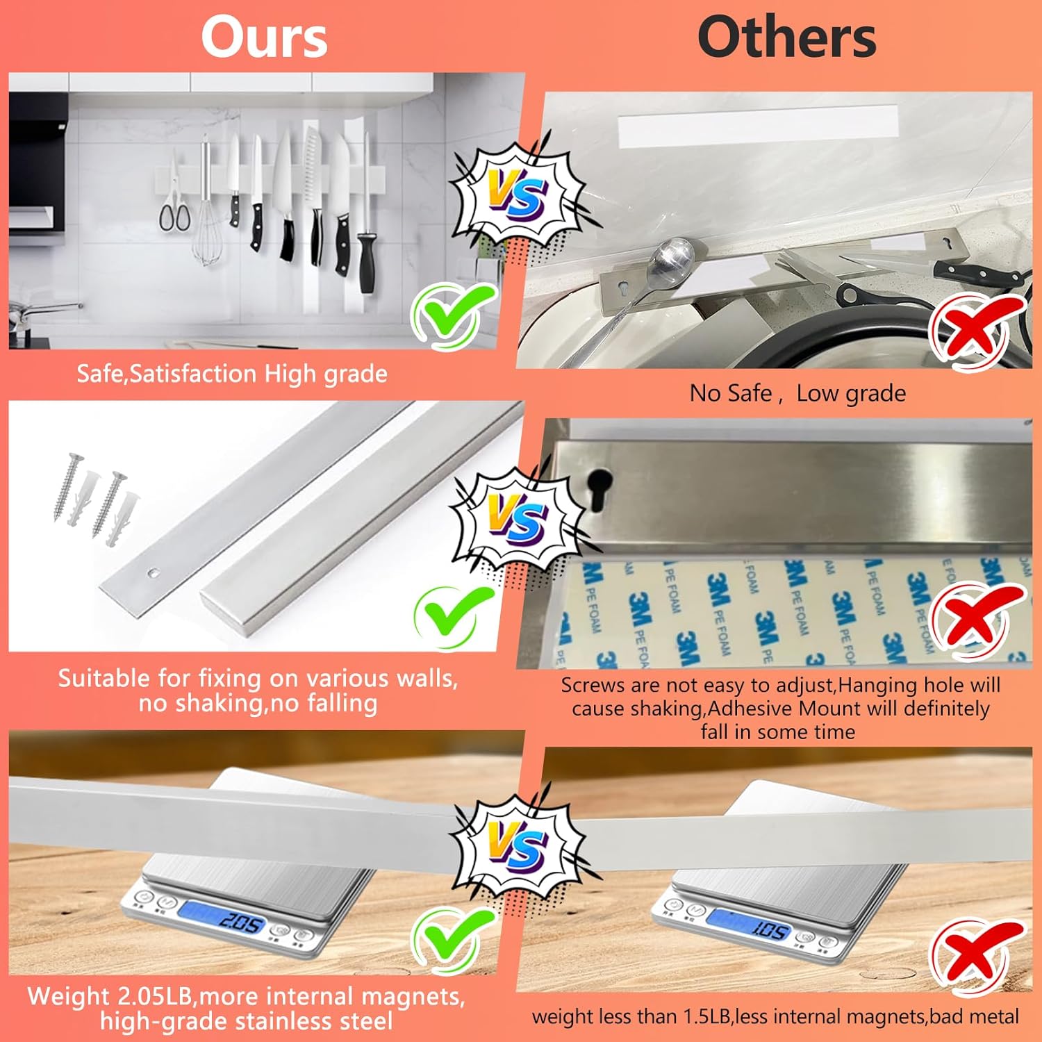16-Inch Stainless Steel Magnetic Knife Strips Secure Kitchen Organizing Solution