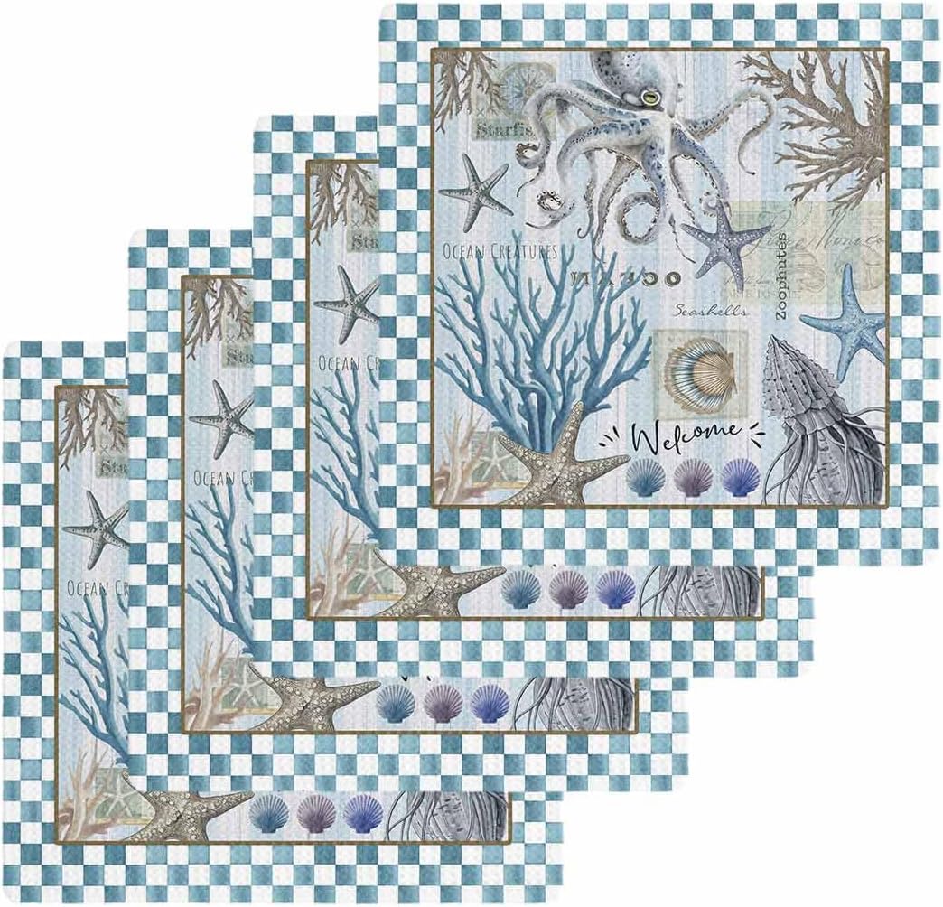 Habtucy Waffle Dish Towel Set 4PCS Checker Blue