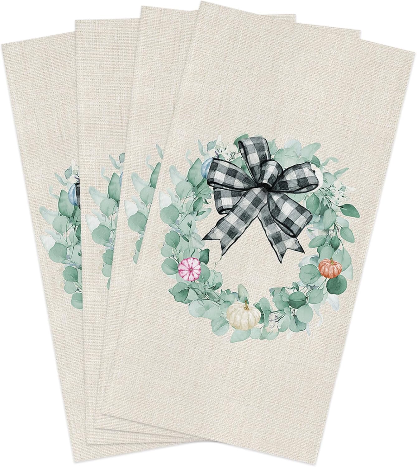 ZOE GARDEN Autumn Thanksgiving Kitchen Towels 4-PC Eucalyptus Leaves Pumpkin Checkered