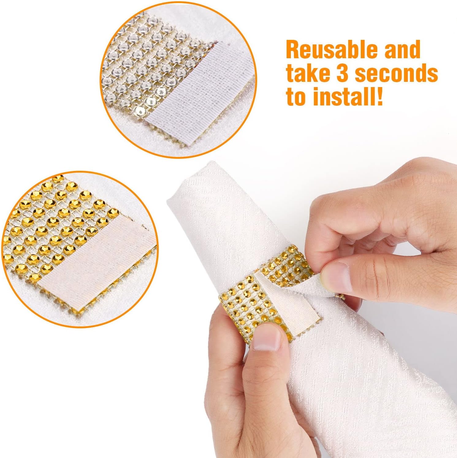 Glowing Gold Rhinestone Napkin Rings Set of 150 for Weddings Special Occasions