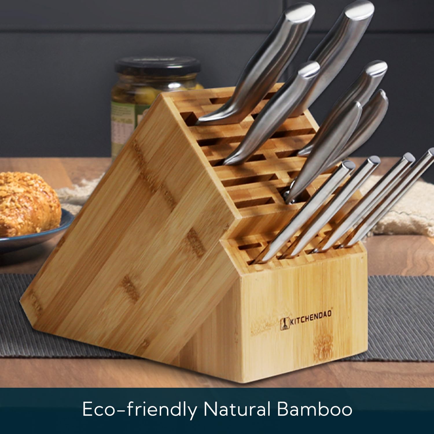 KITCHENDAO deluxe 20 slot bamboo knife holder wnon-slip feet