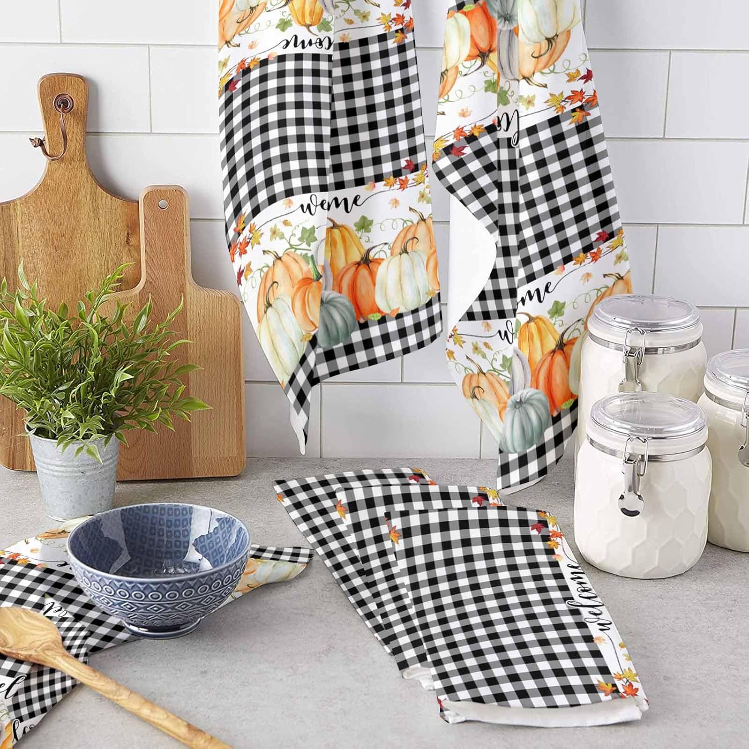 ZOE GARDEN pumpkin plaid kitchen towel 18x28 inches Black Plaid Design