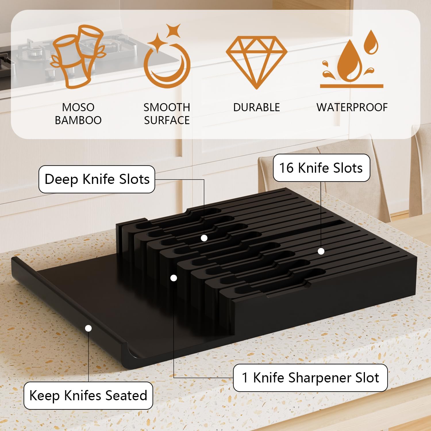 Domax Bamboo Knive Block Fit 16 Knives Plus Sharpener