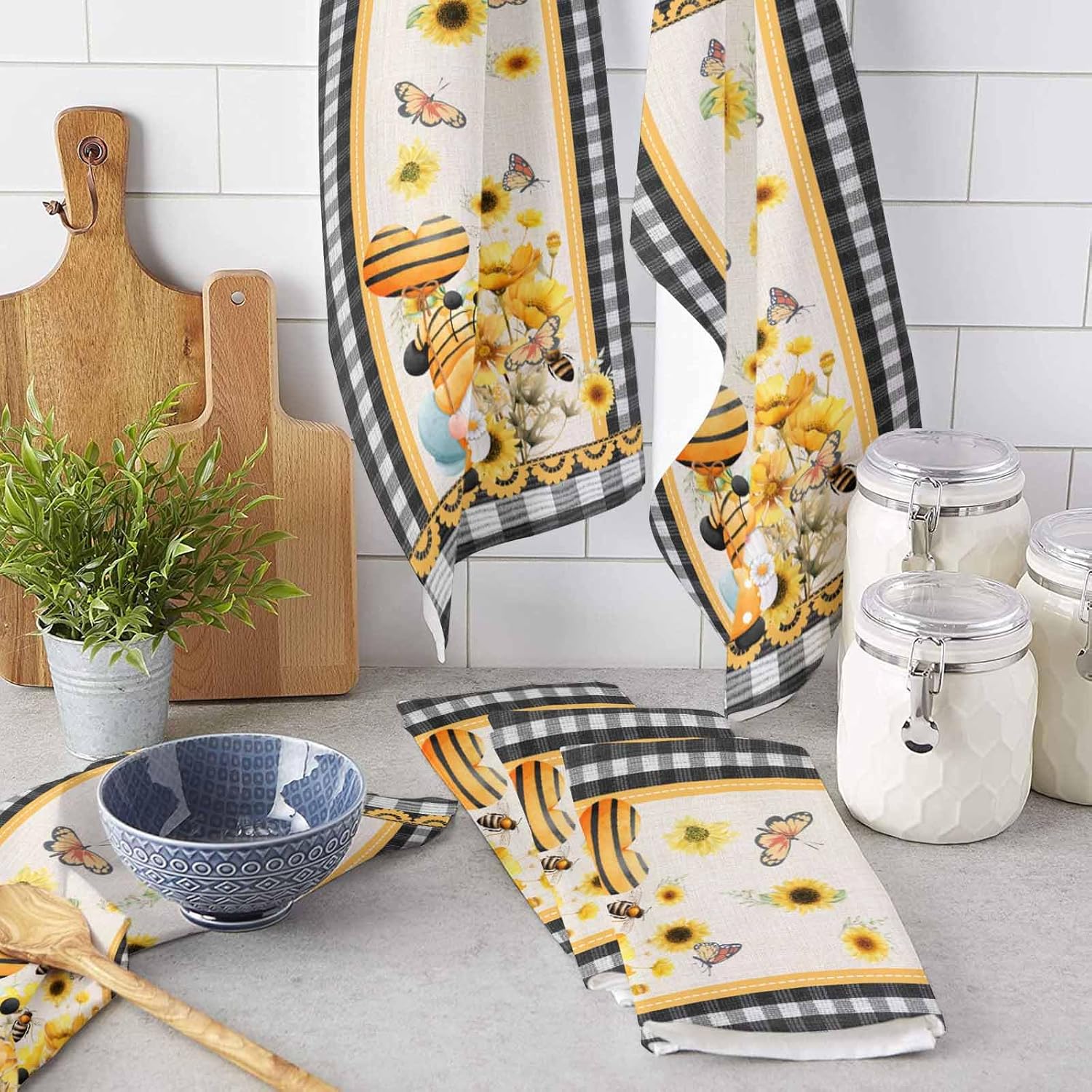 ZOE GARDEN Sunflower Eucalyptus Buffalo Plaid Kitchen Towels 4-PC 18x28