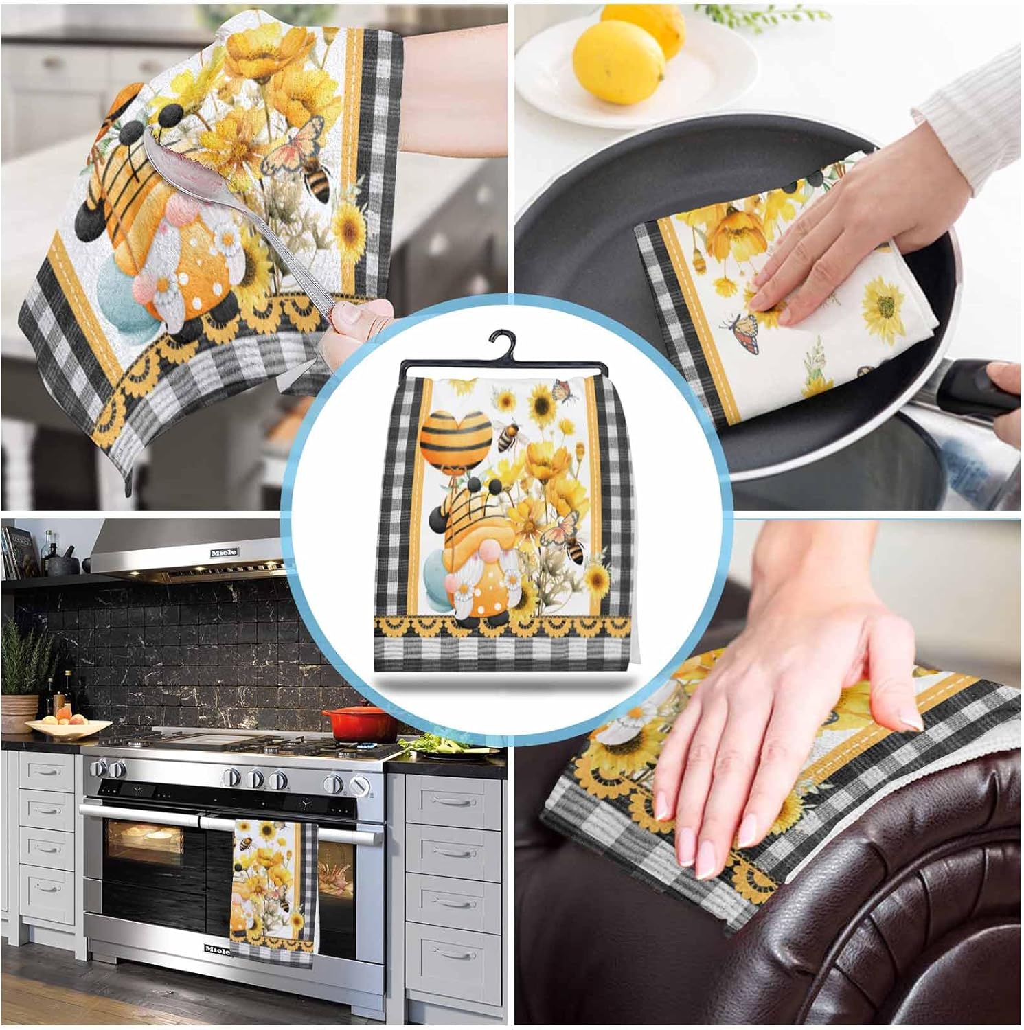 ZOE GARDEN Floral Gnomes Kitchen Towel White Summer Design