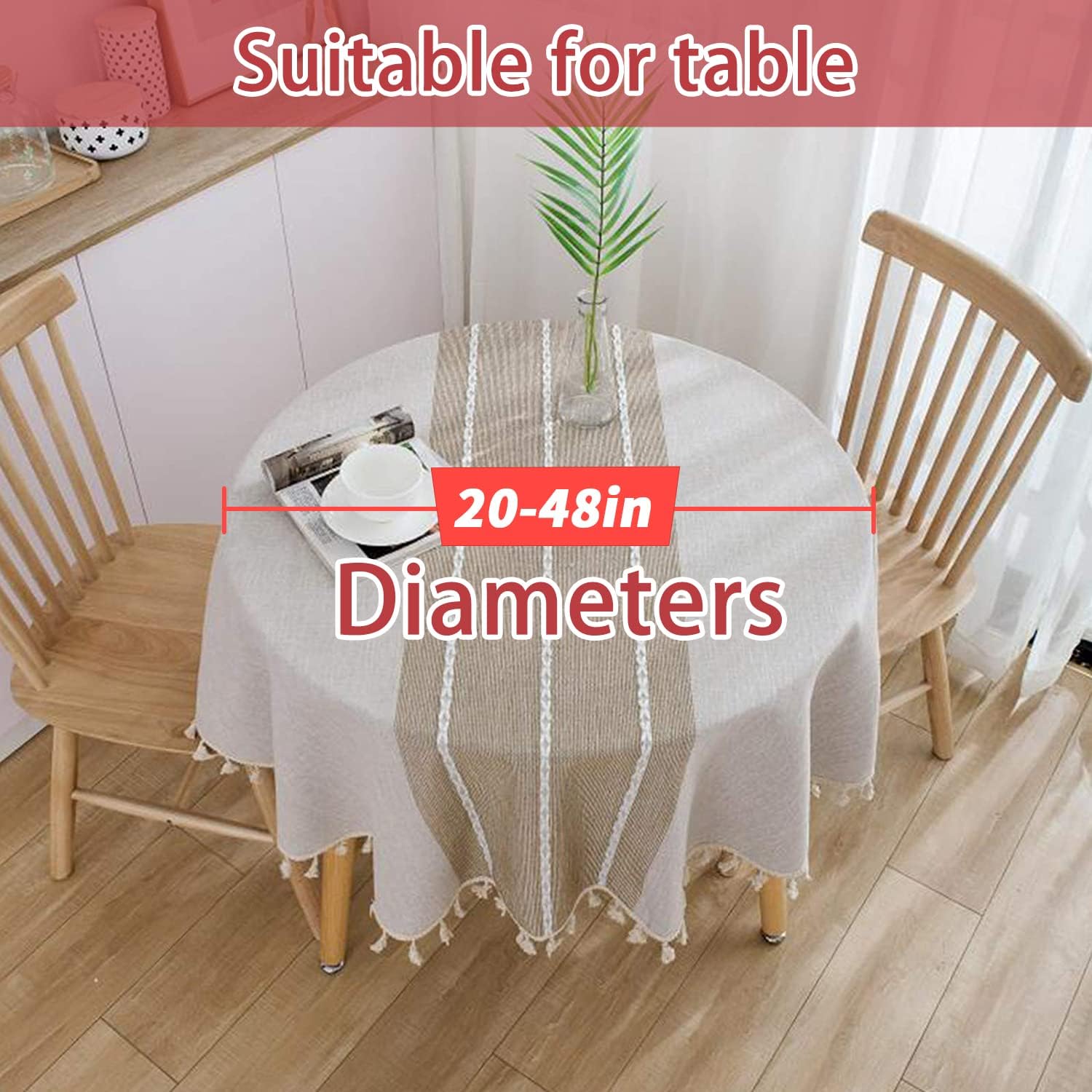 Vonabem 60-inch Round Tablecloth with Tassel Durable Stylish for Kitchen Dining
