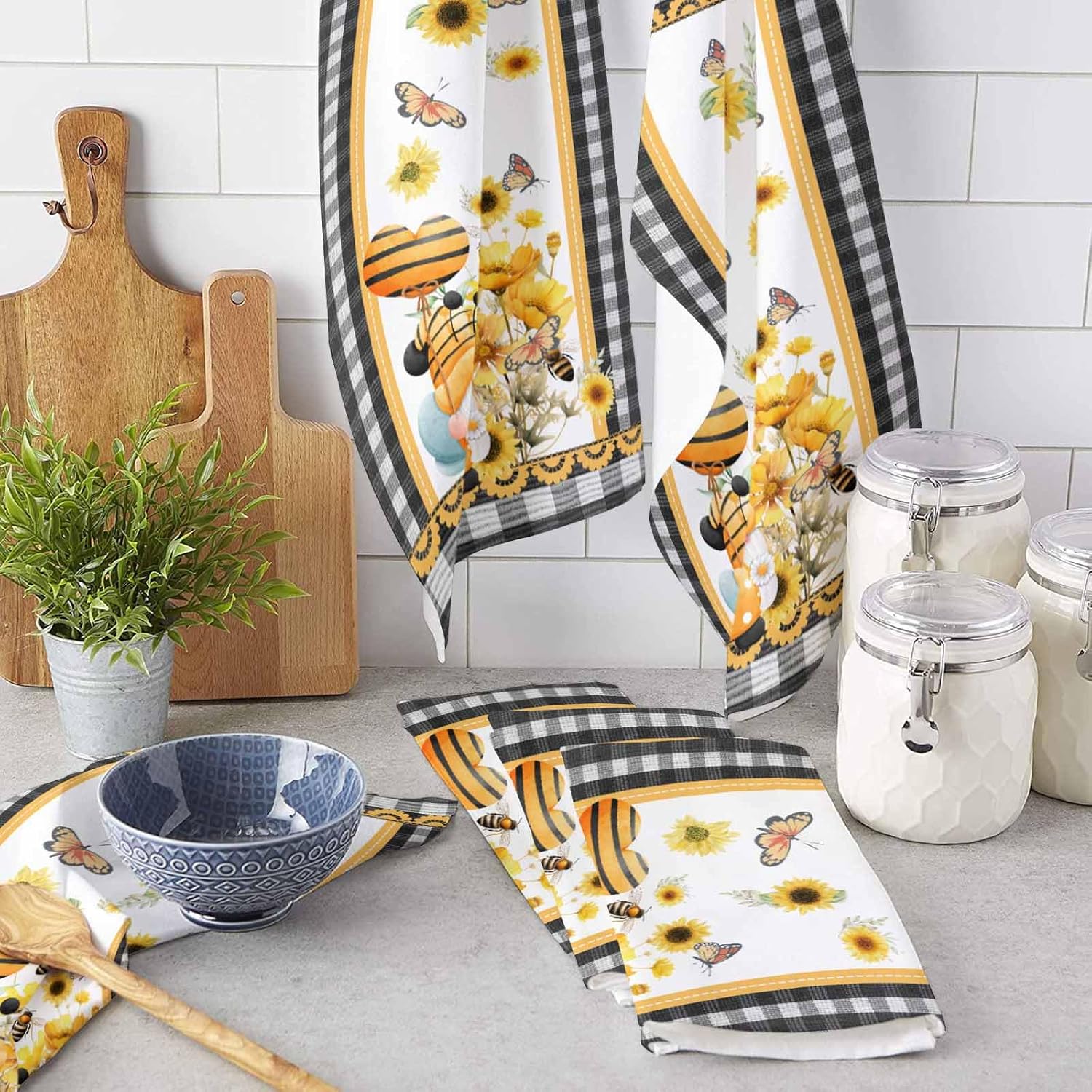 ZOE GARDEN Floral Gnomes Kitchen Towel White Summer Design
