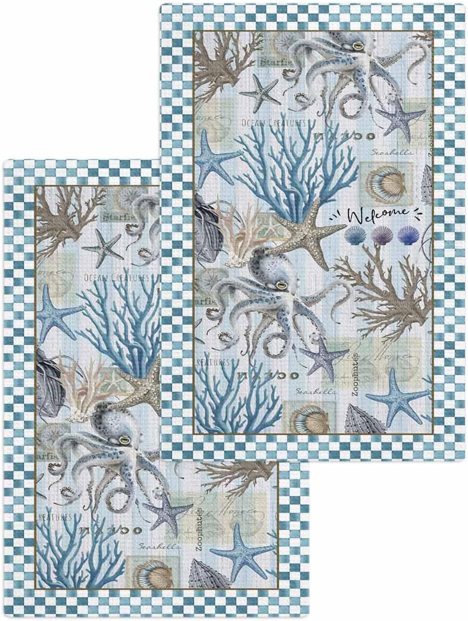 Coastal Octopus Waffle Kitchen Hand Towels Blue 2-Pack