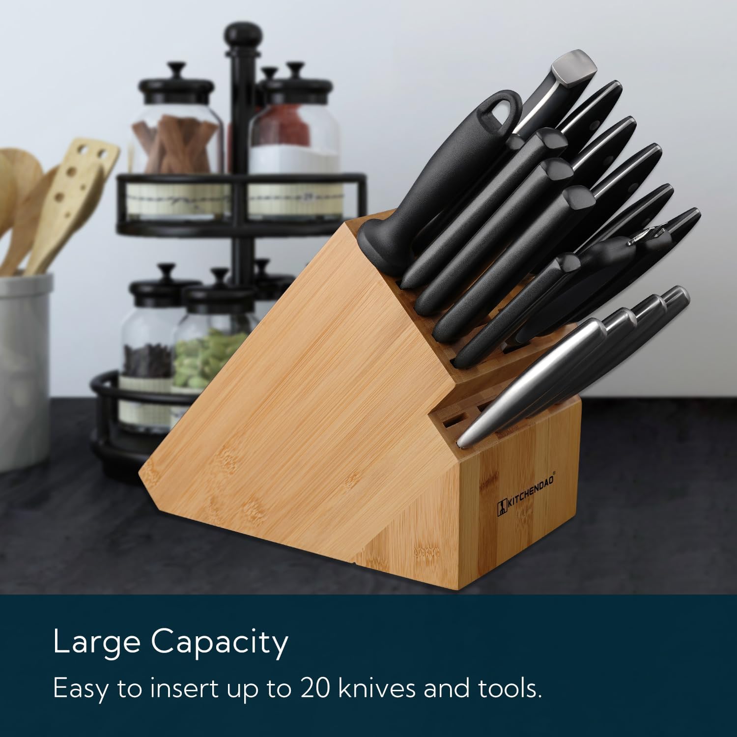 KITCHENDAO deluxe 20 slot bamboo knife holder wnon-slip feet