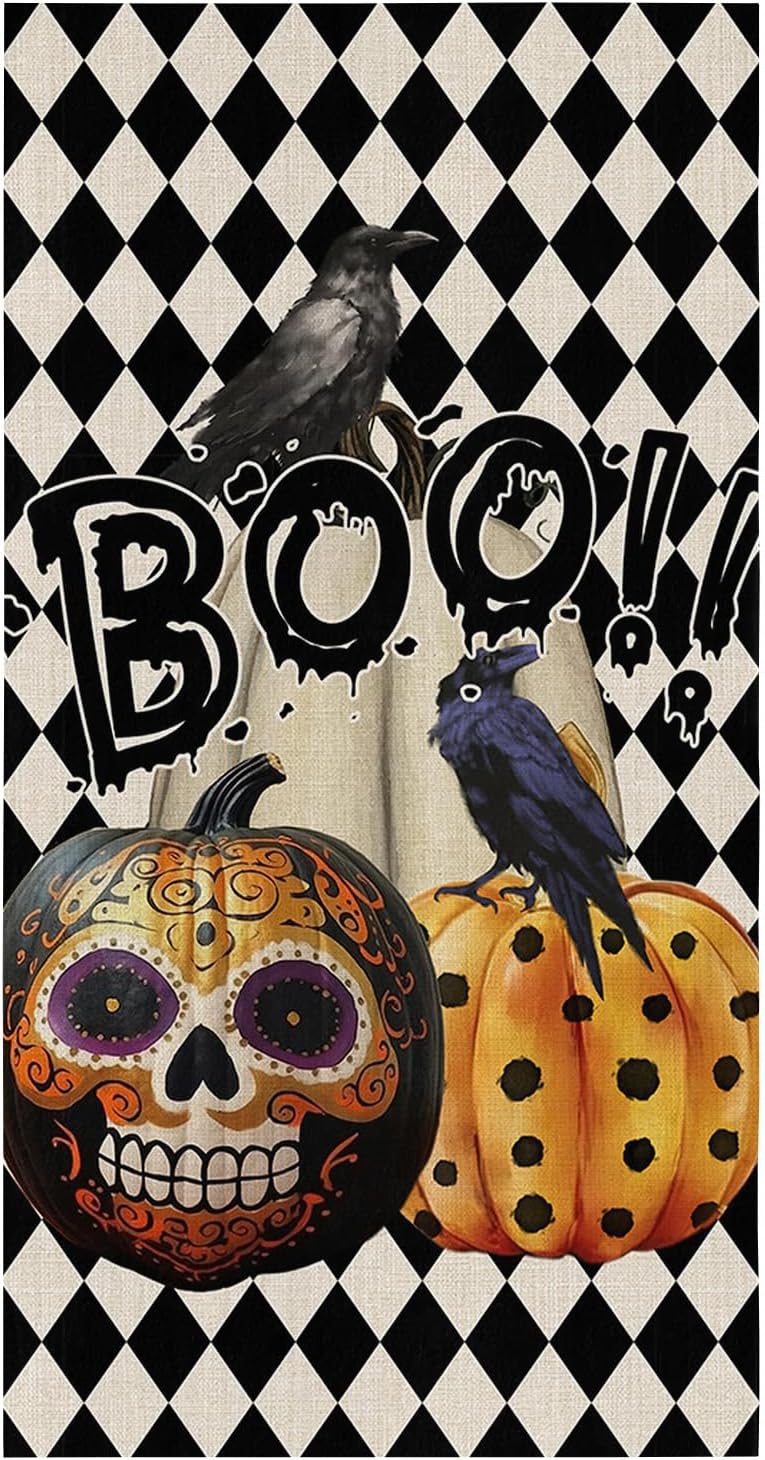 ZOE GARDEN Halloween Kitchen Towel Set Black Boho Skull Ghost Pumpkin Checkered
