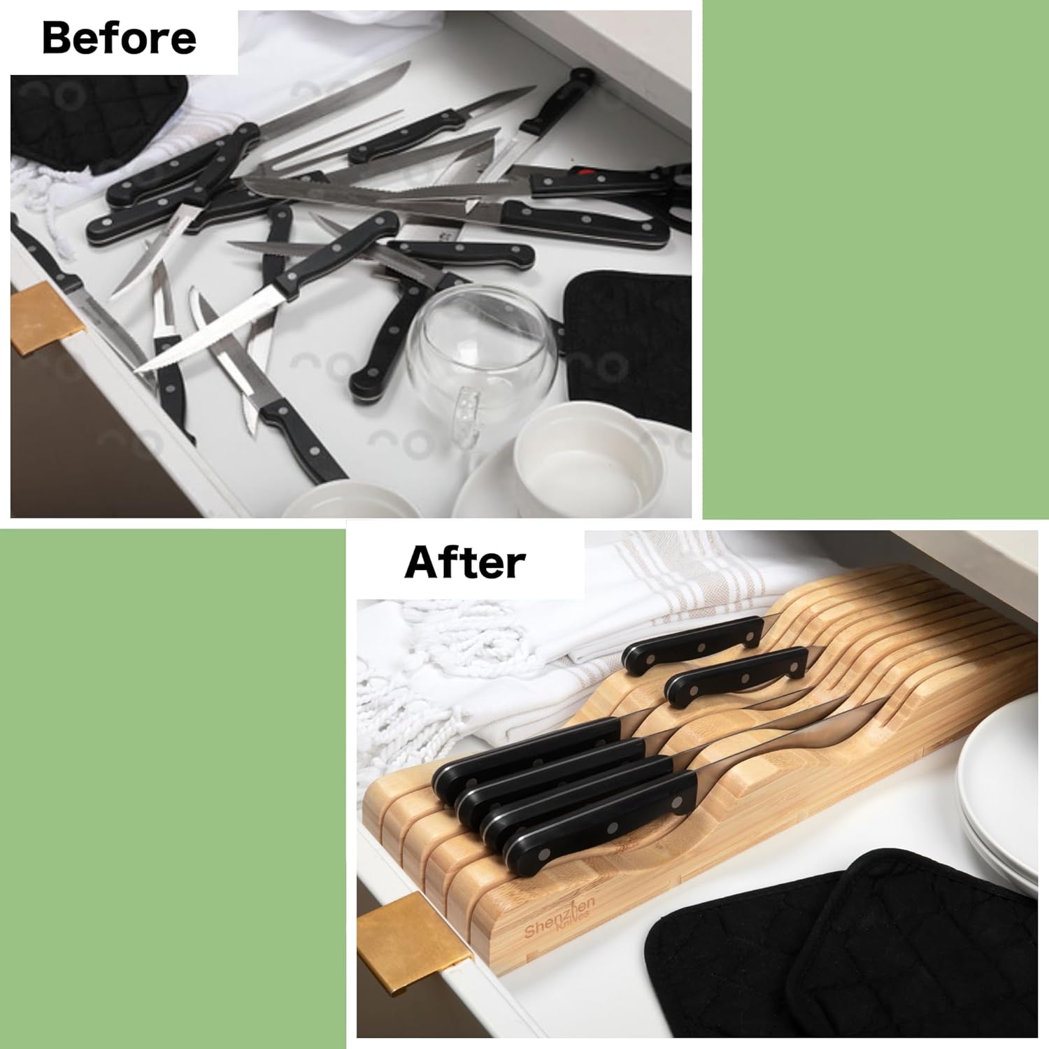 Sturdy Large In-Drawer Bamboo Knife Block with 11 Slots