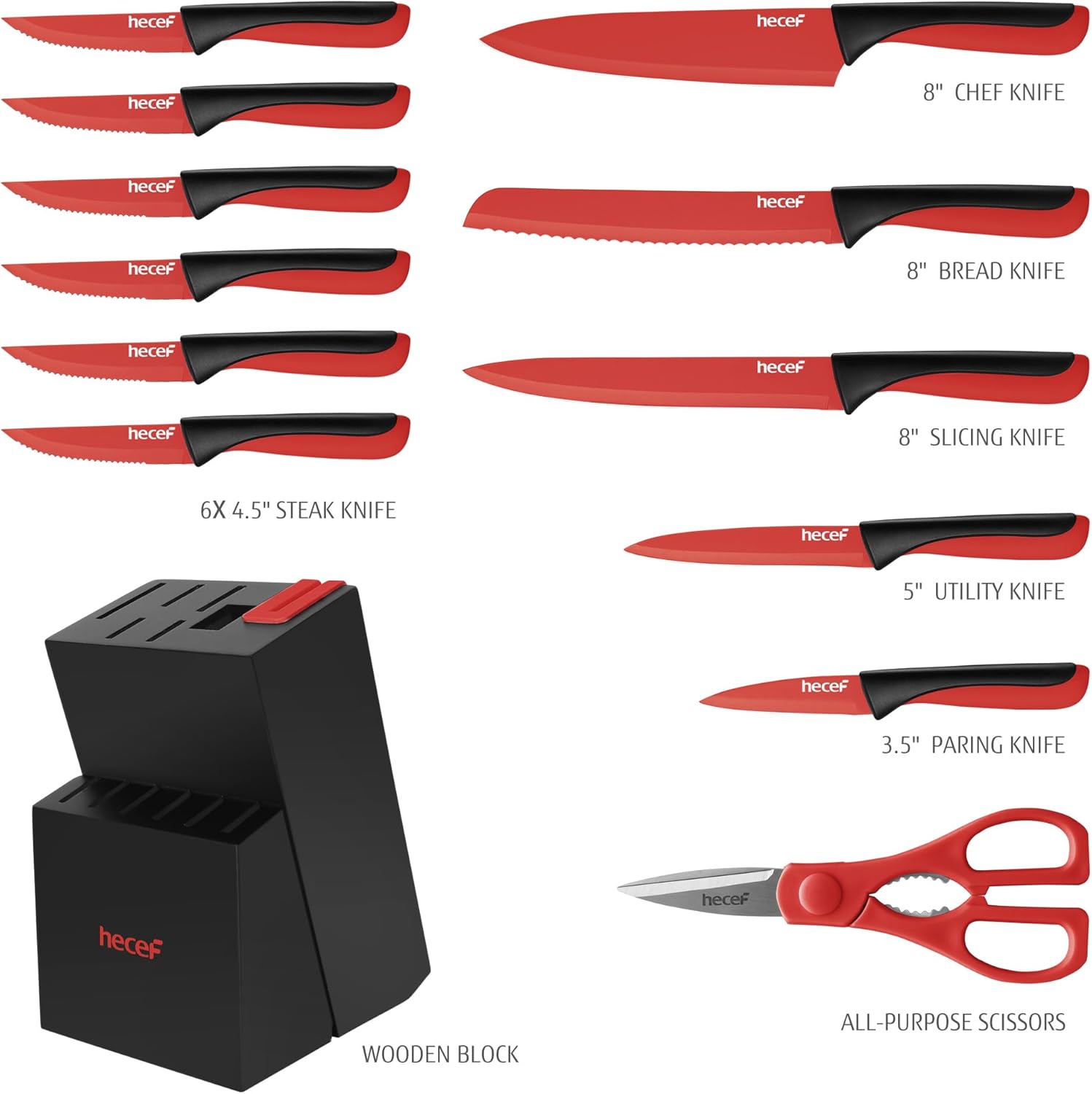Hecef 13-Piece Kitchen Knife Set with Sharpener