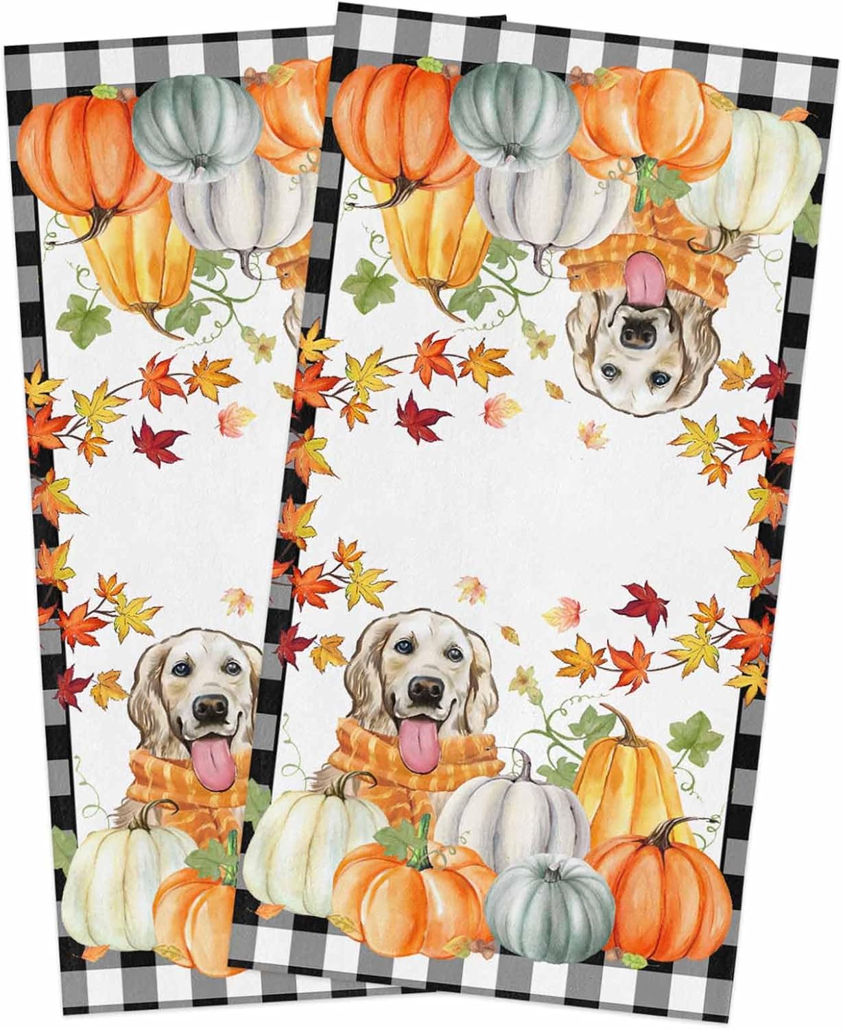 Thanksgiving Pumpkin Dog Kitchen Towels Black Plaid Autumn Maple Leaf