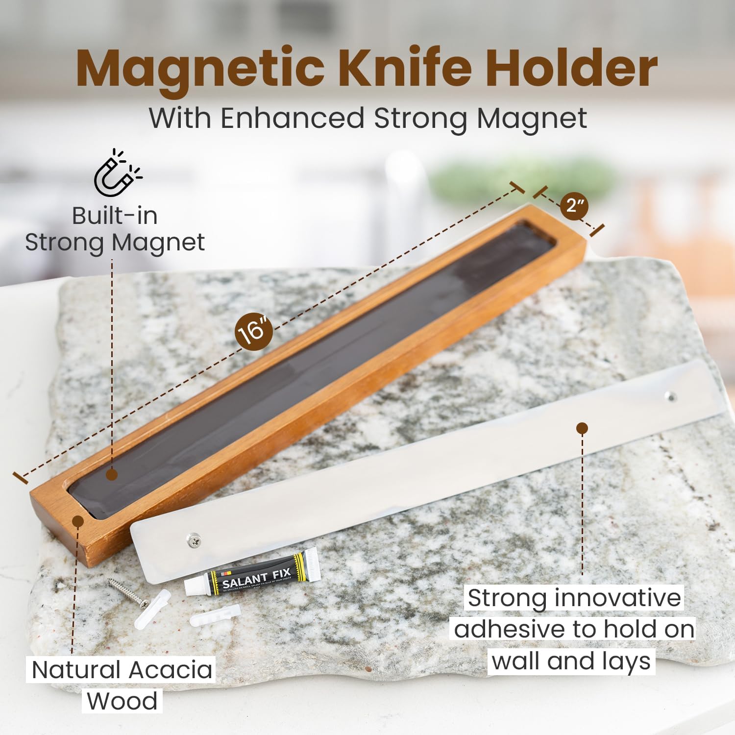 Sturdy Acacia Wood Magnetic Knife Holder for the Kitchen