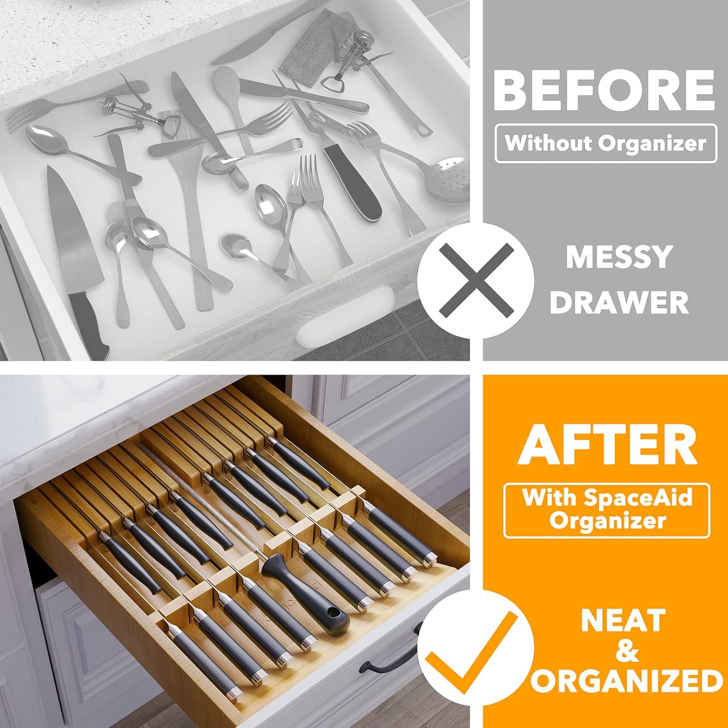 SpaceAid Bamboo Knife Organizer - Kitchen Drawer Storage