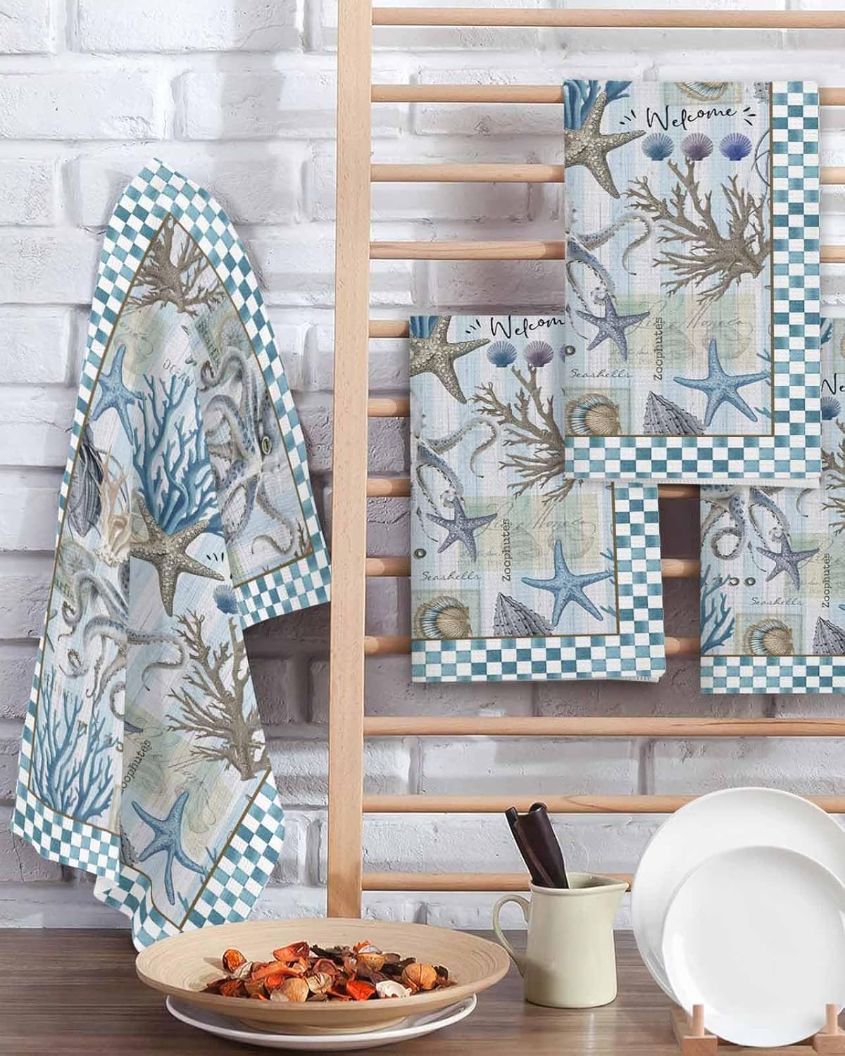 Coastal Octopus Waffle Kitchen Hand Towels Blue 2-Pack