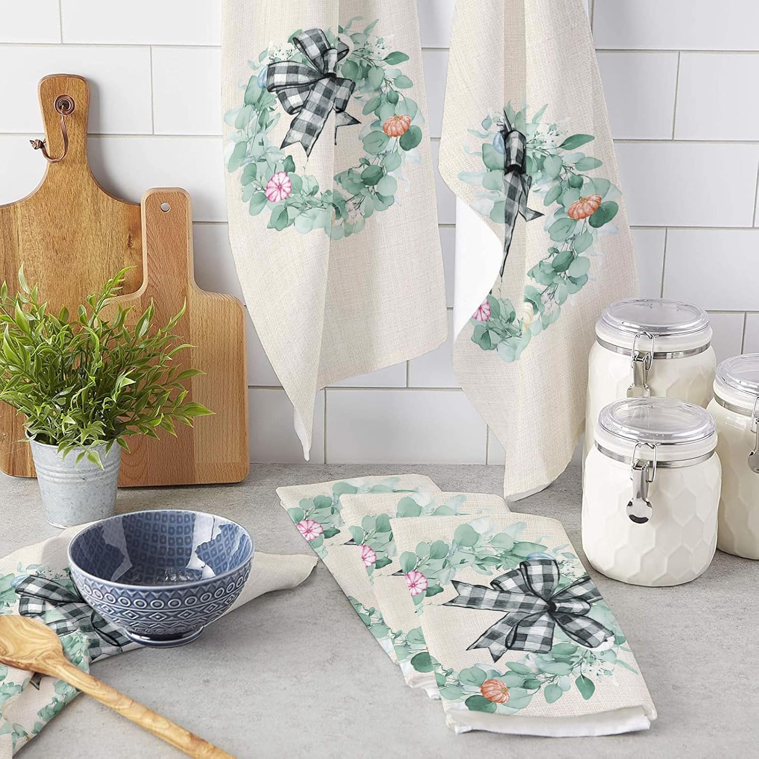 ZOE GARDEN Autumn Thanksgiving Kitchen Towels 4-PC Eucalyptus Leaves Pumpkin Checkered