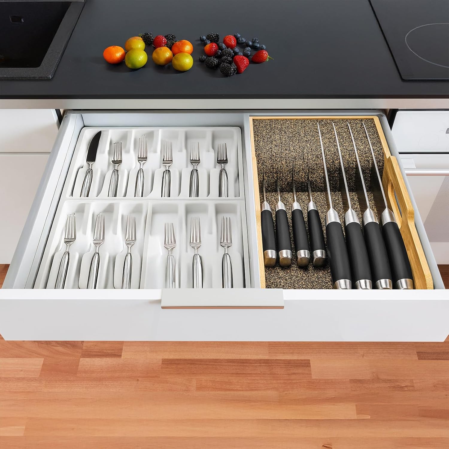Mospten Bamboo Knife Organizer -Drawer Insert for Kitchen Storage