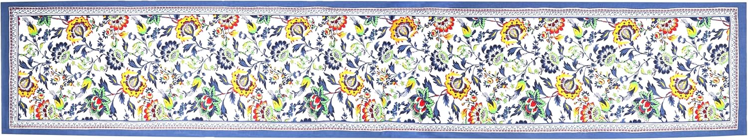 Fingercraft Cotton Linen Table Runner Natural Blue Floral