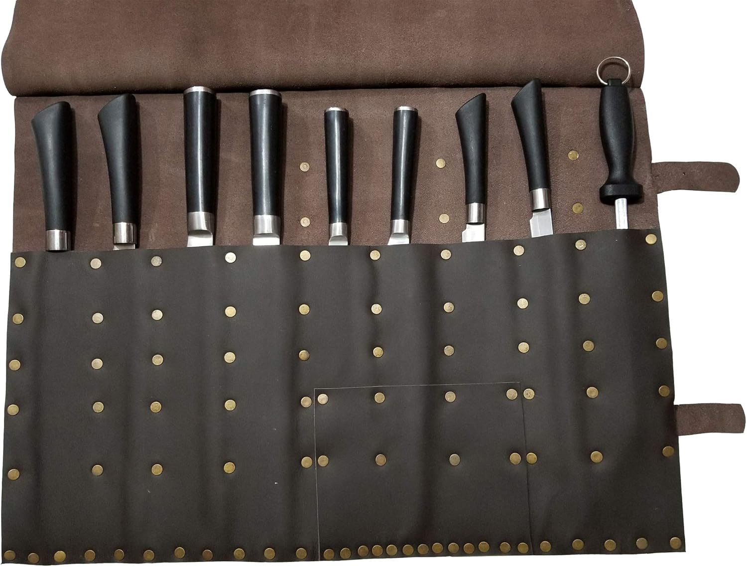 Genuine Leather Chef Knife Bag Dark Brown 12 Slots PlasticProfessional