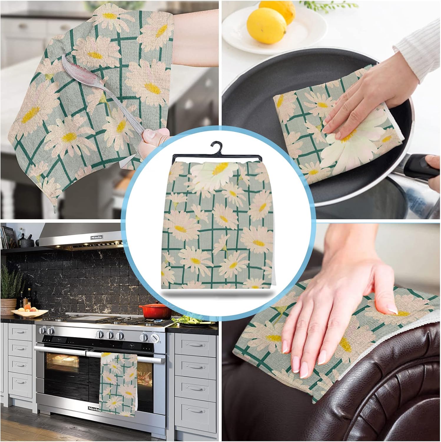 ZOE GARDEN Daisy Green Kitchen Towels Rustic Design 18x28