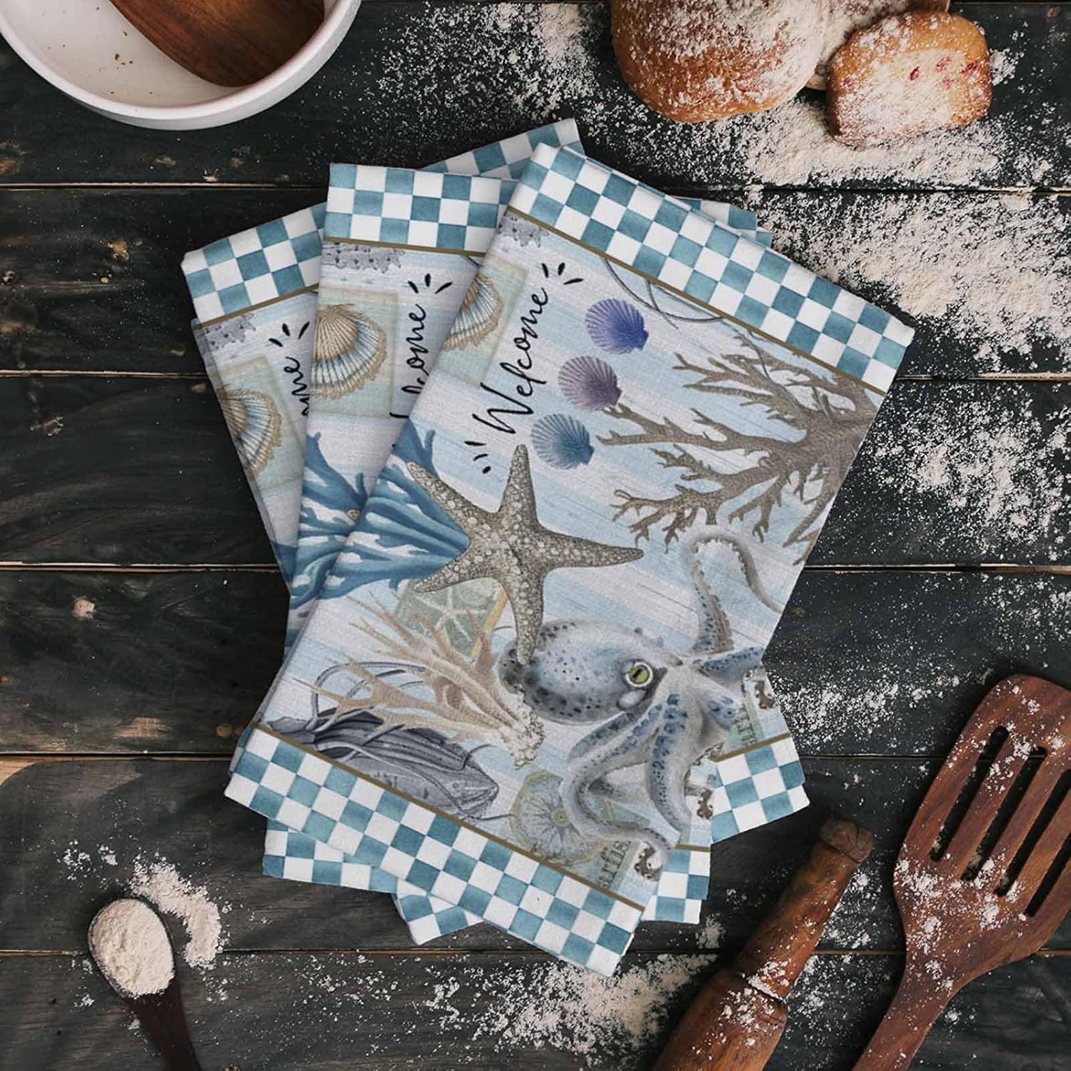 Elegant Coastal Octopus Kitchen Towels 18x28 Absorbent Quick Dry Sure to impress