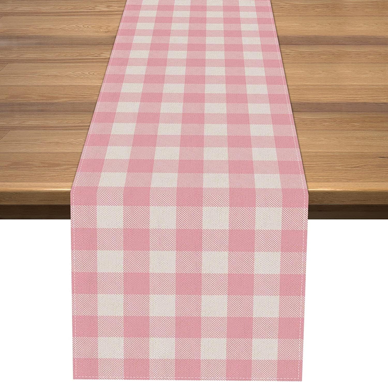 Nepnuser Gingham Table Runner - Rustic Pink White Check Plaid
