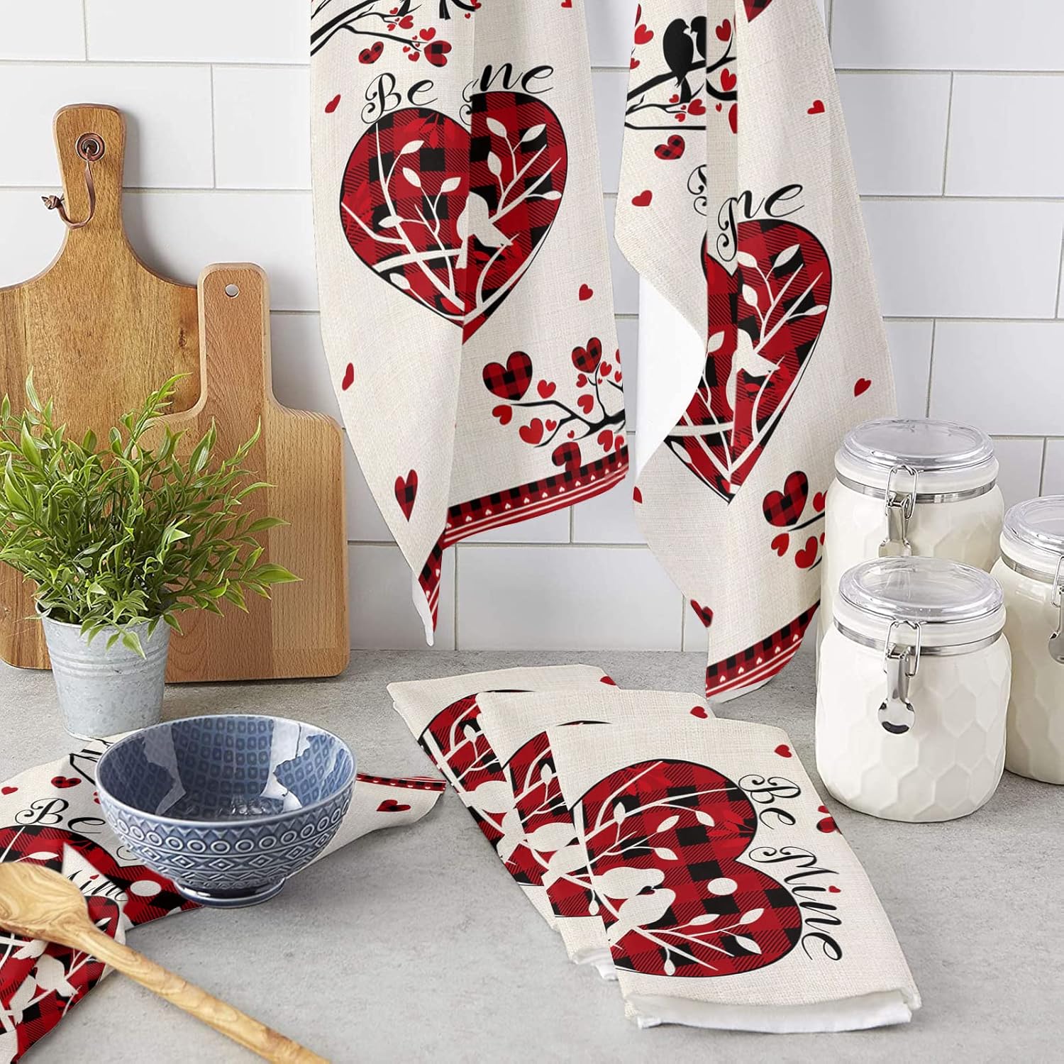 ZOE GARDEN Red Saint Love-Tree Country Plaid Dish Towels