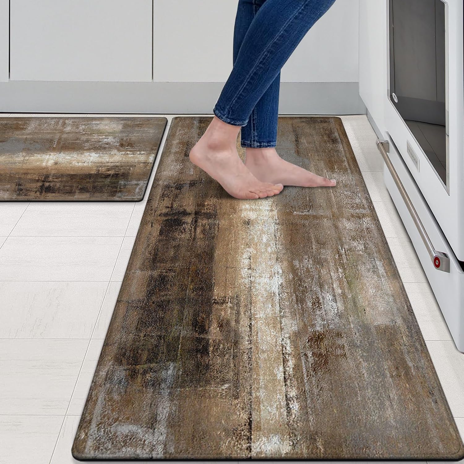 Double Anti-Fatigue Kitchen Mat Set - taupe abstract art non-slip waterproof
