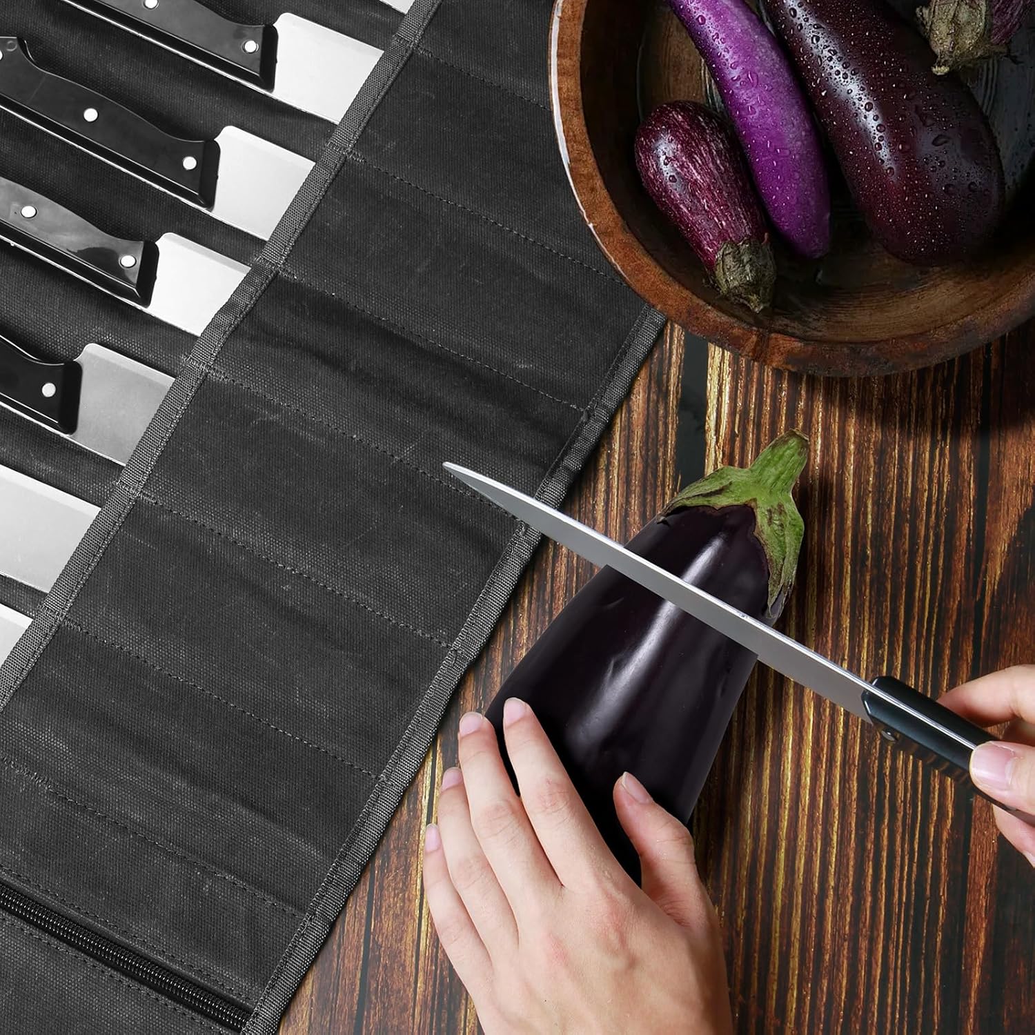 QEES Chef Knife Roll Bag 10 Slots 188 Waxed Canvas Case