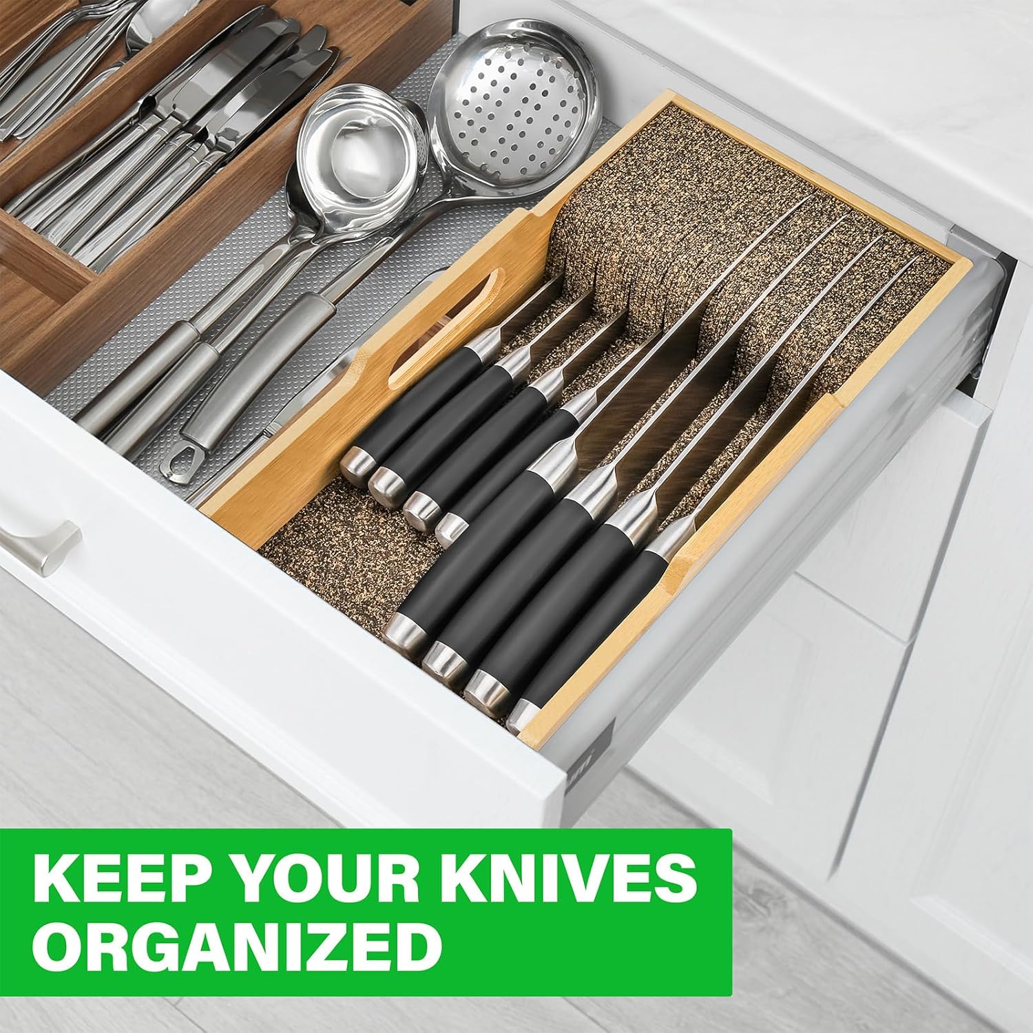 Mospten Bamboo Knife Organizer -Drawer Insert for Kitchen Storage