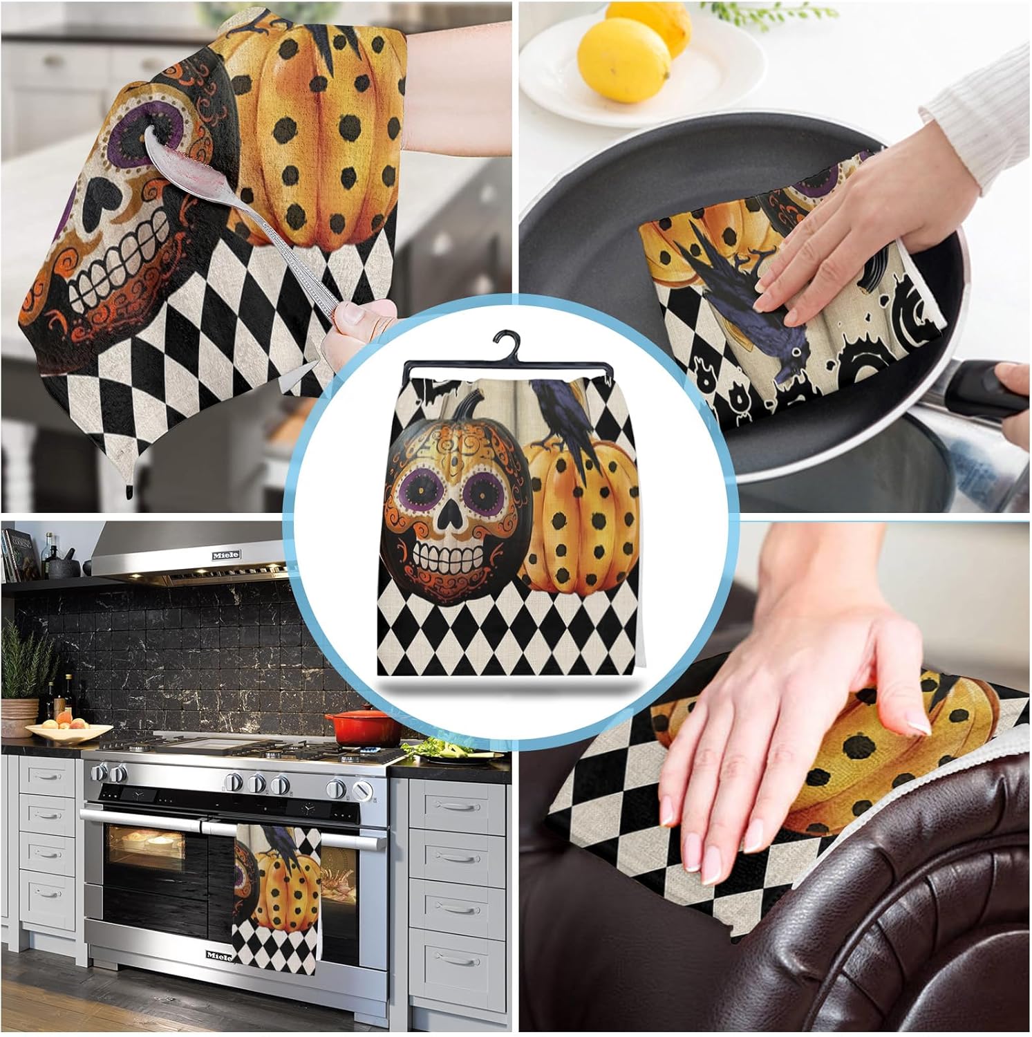 ZOE GARDEN Halloween Kitchen Towel Set Black Boho Skull Ghost Pumpkin Checkered