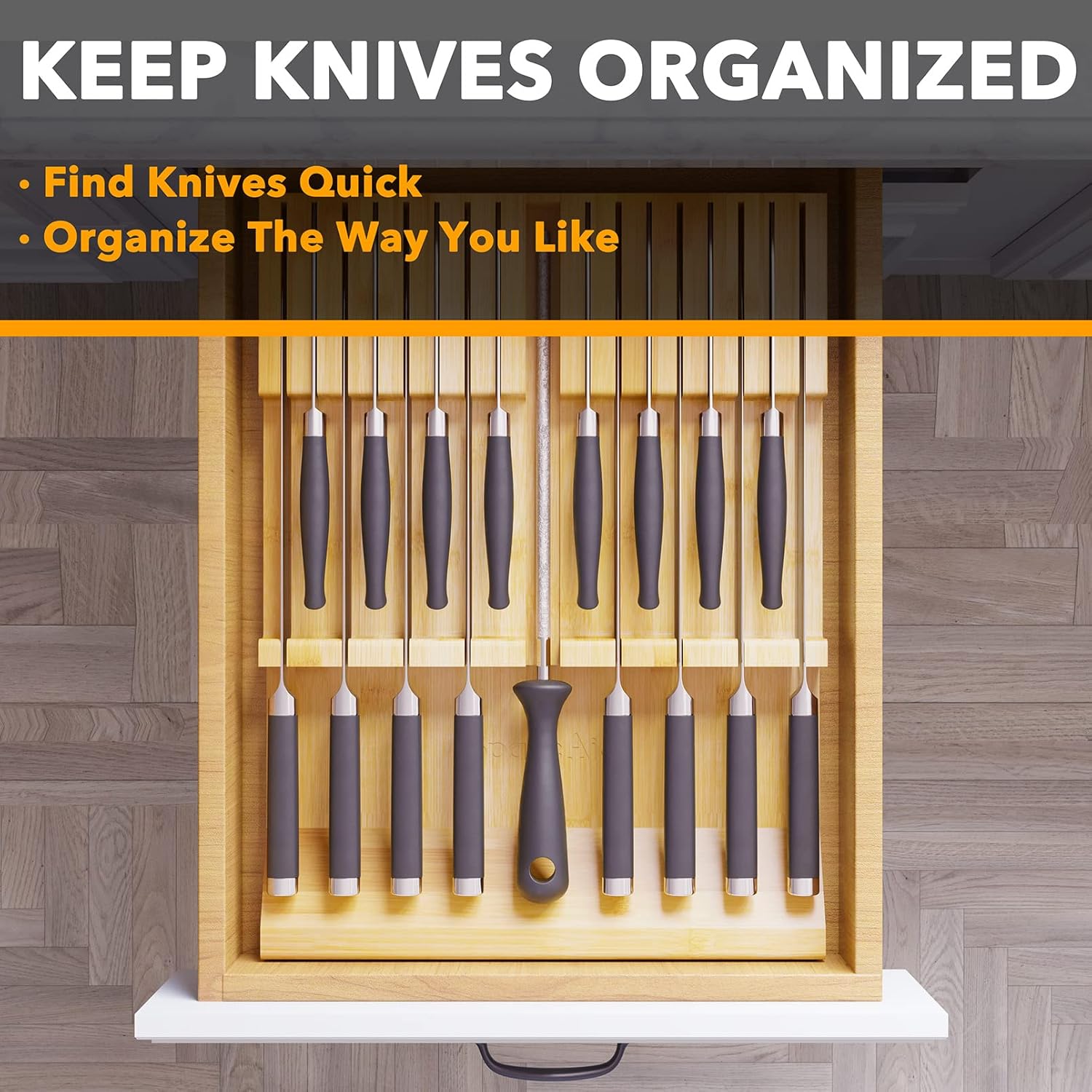 SpaceAid Bamboo Knife Organizer - Kitchen Drawer Storage