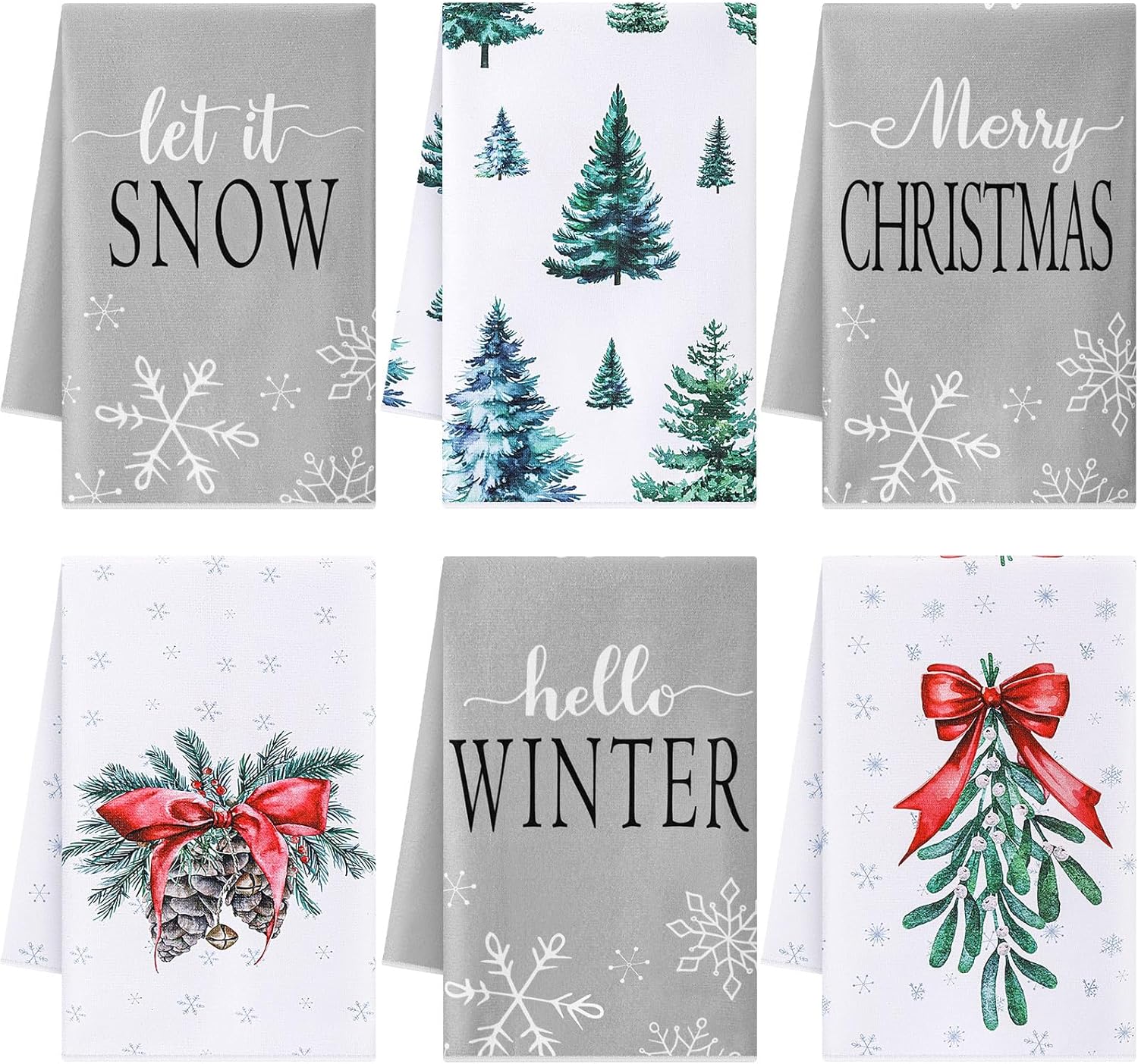 Macarrie 6 Pcs Christmas Kitchen Towels - Snowflakes Trees Mistletoe for Holiday Use
