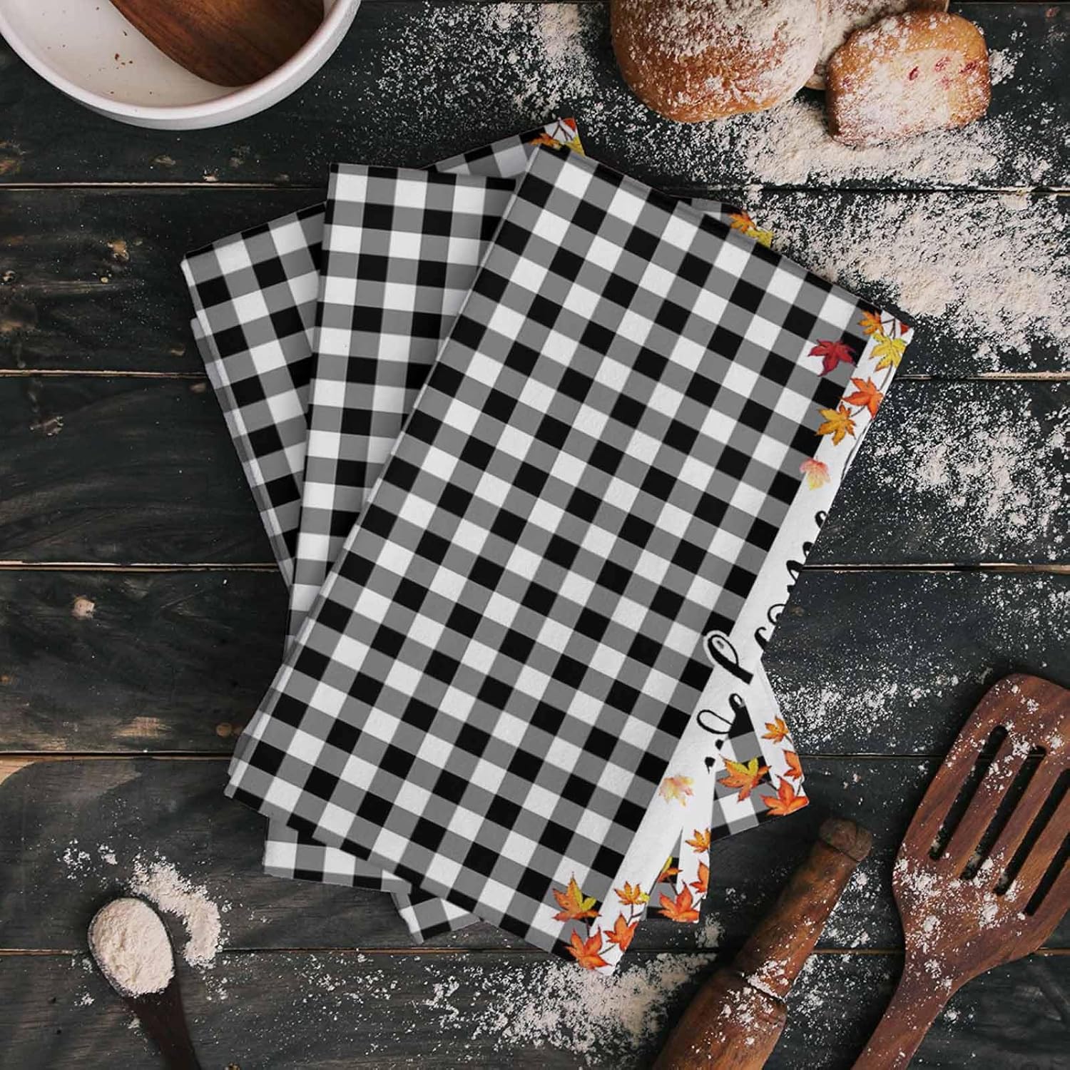 ZOE GARDEN pumpkin plaid kitchen towel 18x28 inches Black Plaid Design