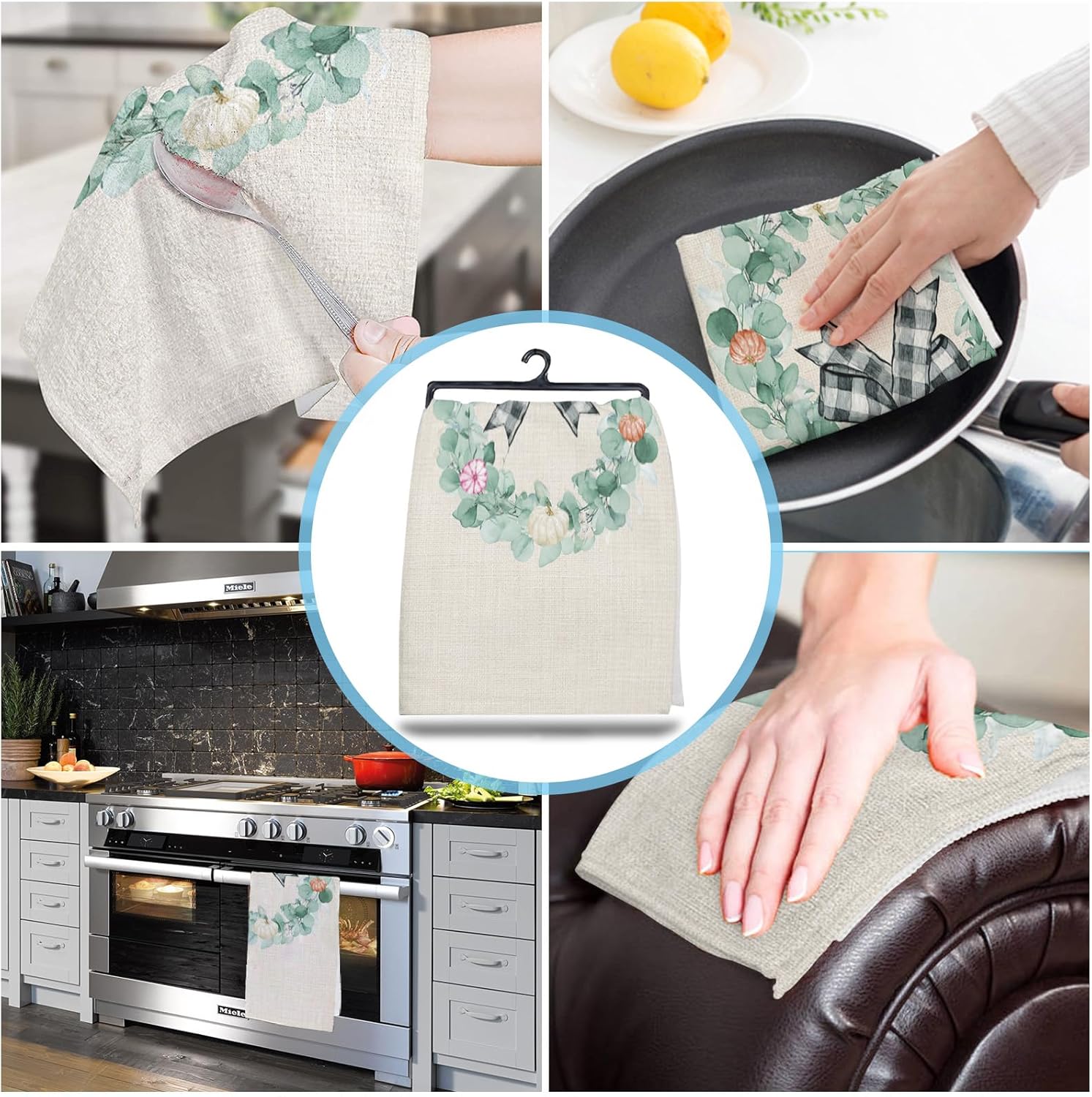 ZOE GARDEN Autumn Thanksgiving Kitchen Towels 4-PC Eucalyptus Leaves Pumpkin Checkered