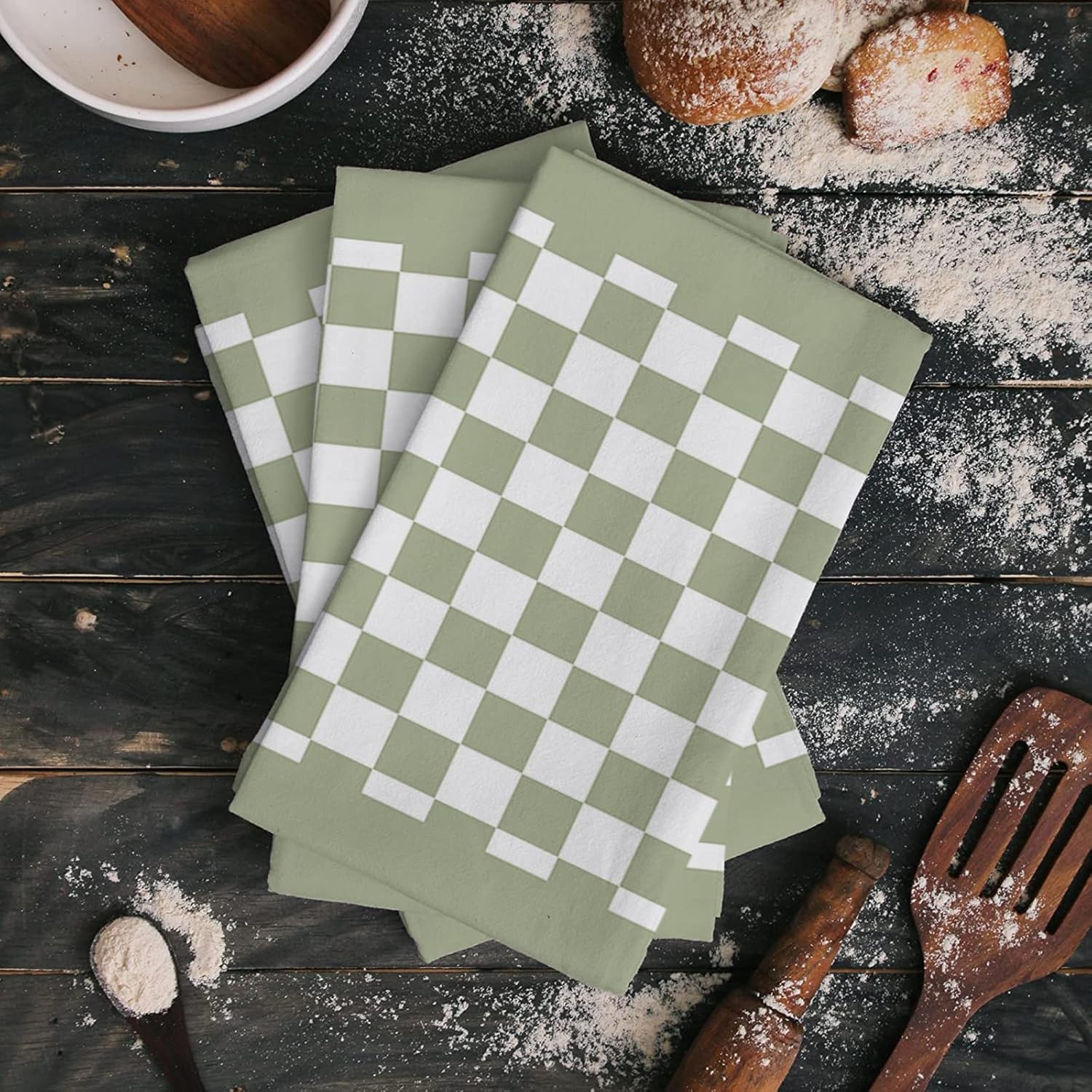 ZOE GARDEN Sage Green Plaid Kitchen Towels Set of 2 18x28