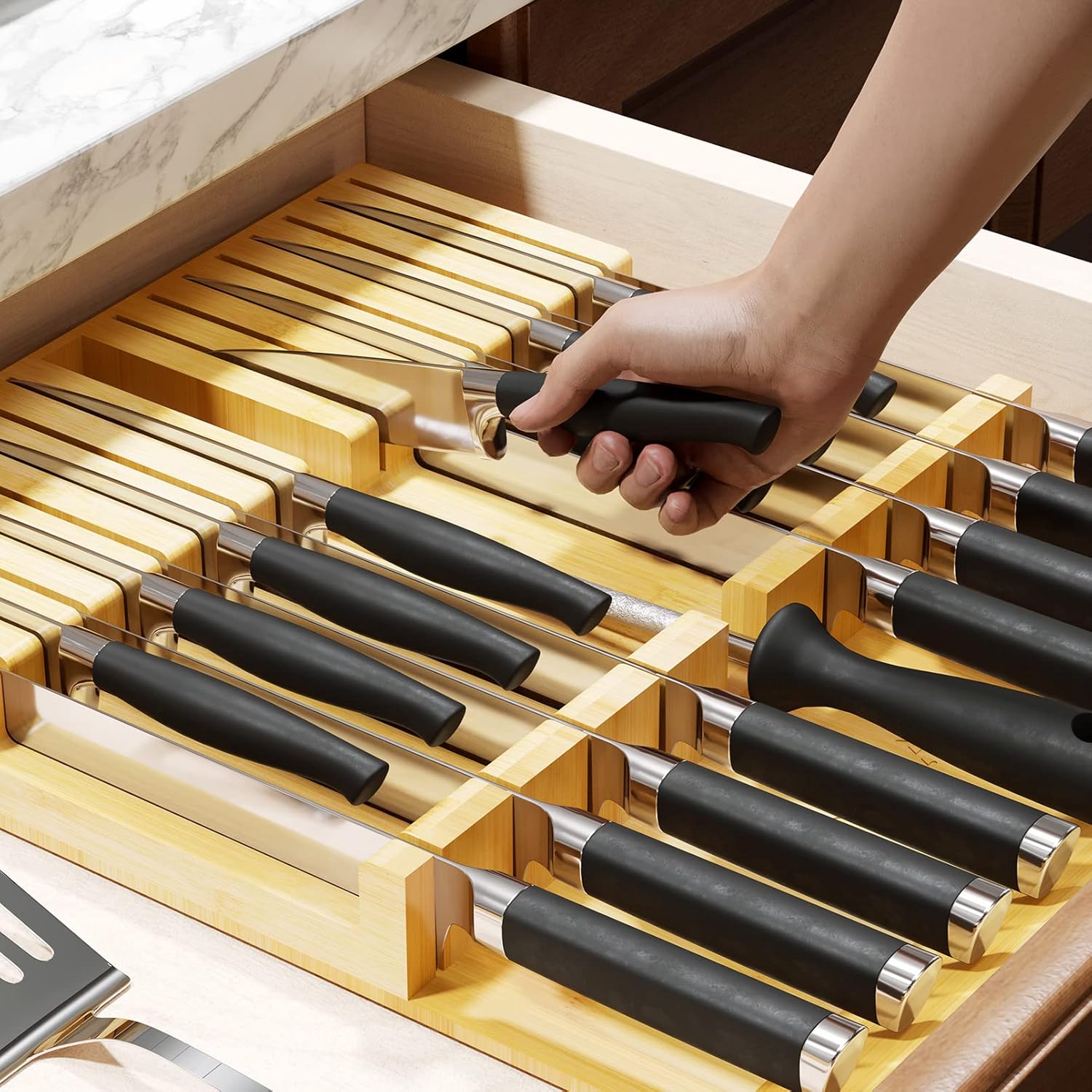 SpaceAid Bamboo Knife Organizer - Kitchen Drawer Storage