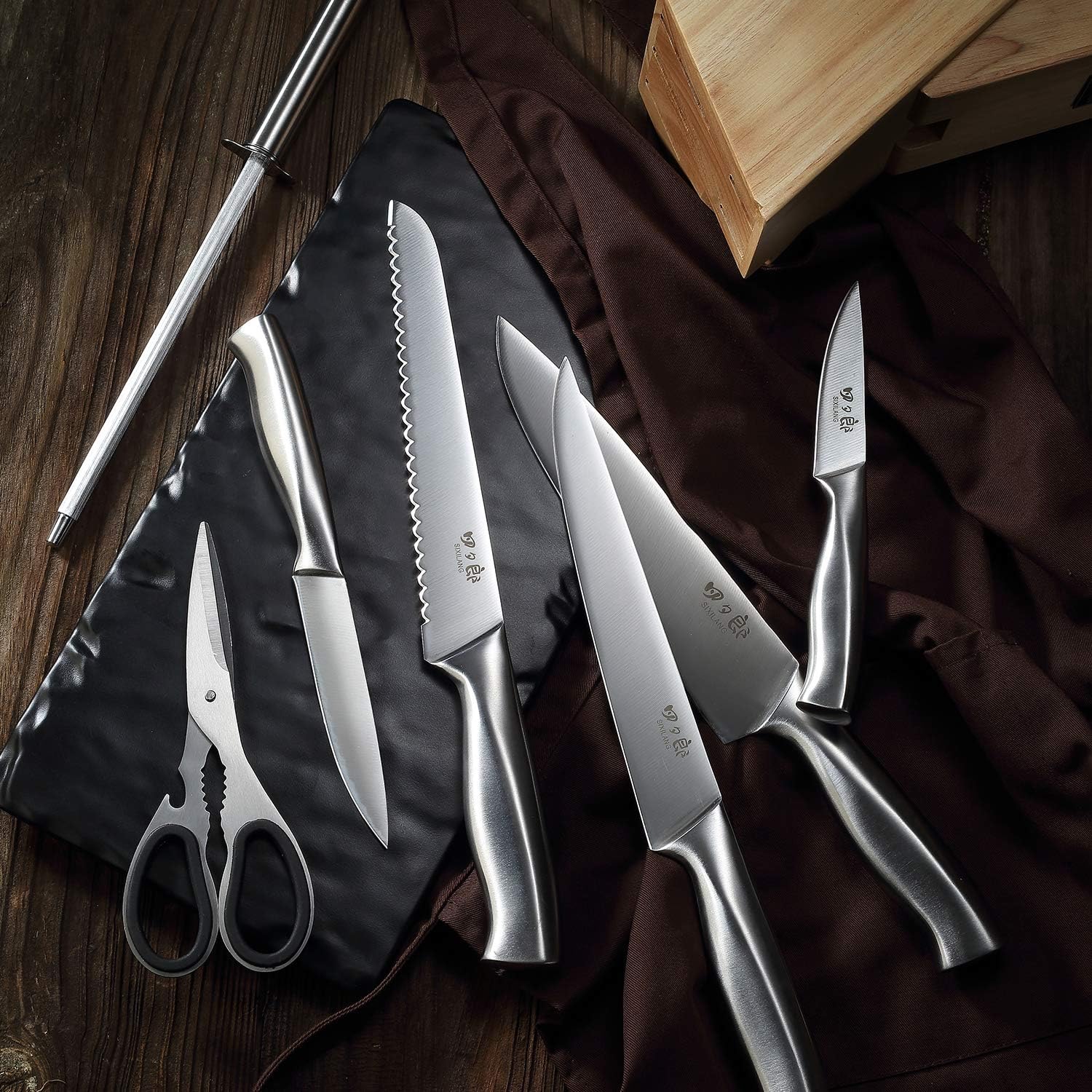 SIXILANG 8-Piece German Stainless Steel Knife Set with Oak Wooden Block
