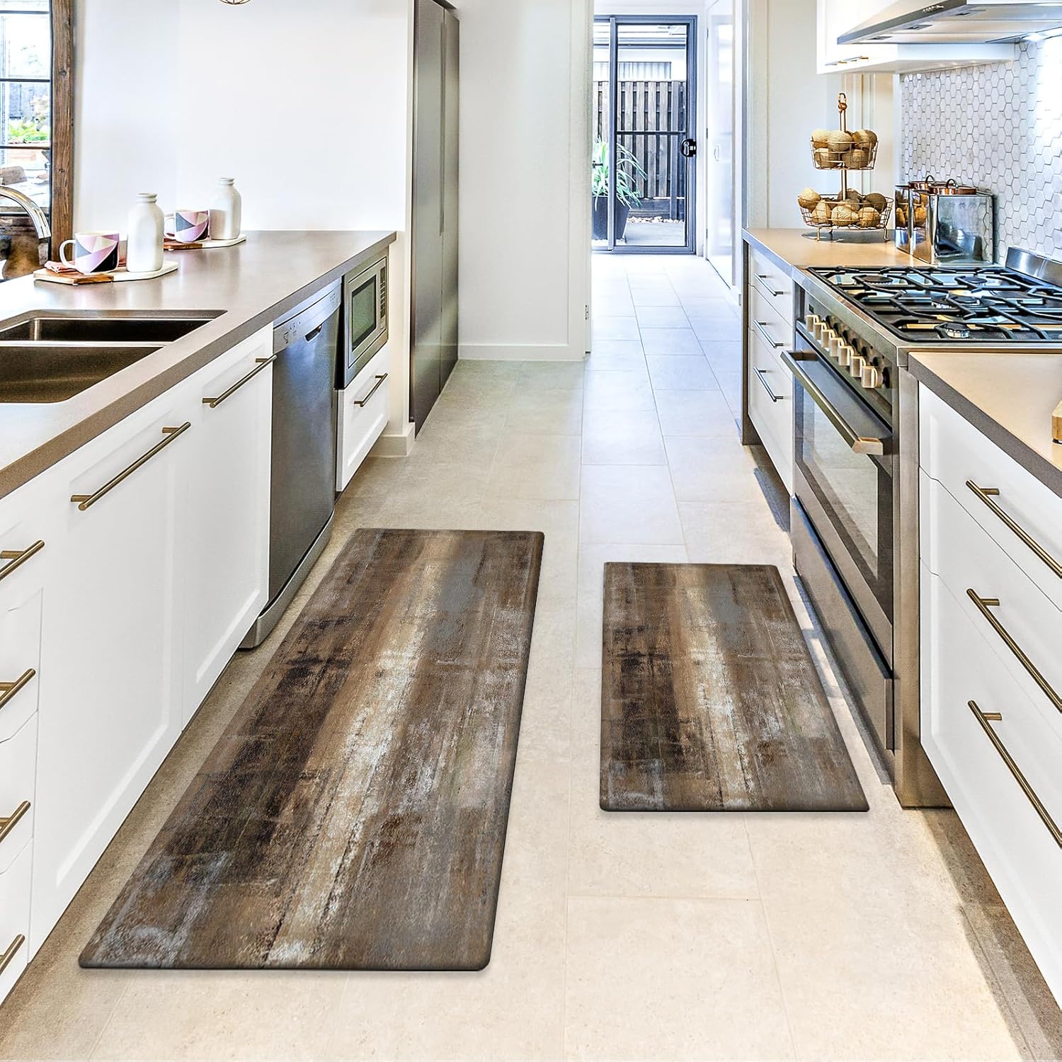 Double Anti-Fatigue Kitchen Mat Set - taupe abstract art non-slip waterproof