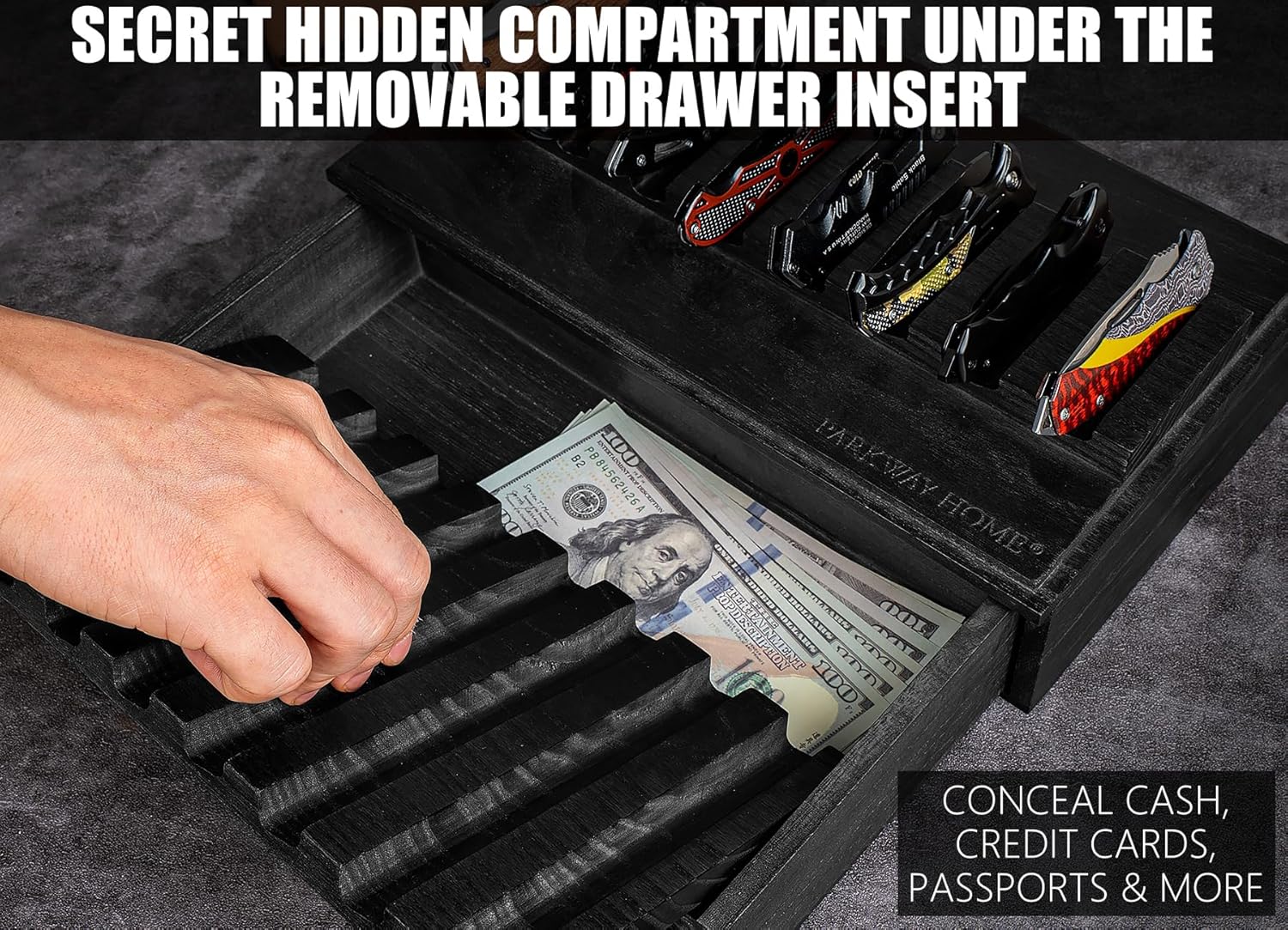 Sturdy Black Pocket Knife Case with Removable Drawer 16 Knives Display
