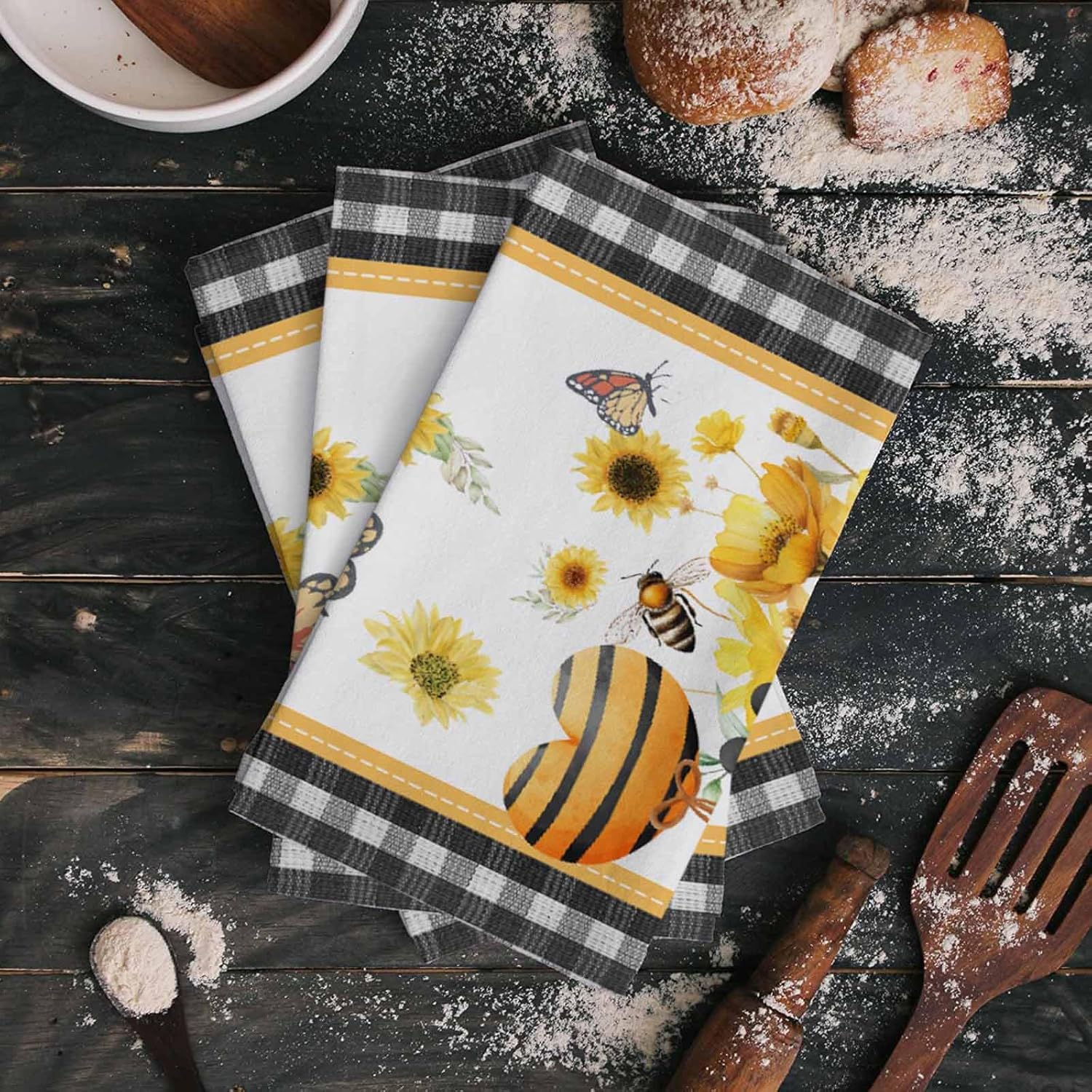 ZOE GARDEN Floral Gnomes Kitchen Towel White Summer Design